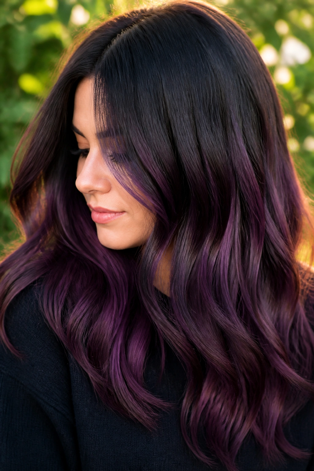 Close-up of eggplant shadow balayage on dark brown hair