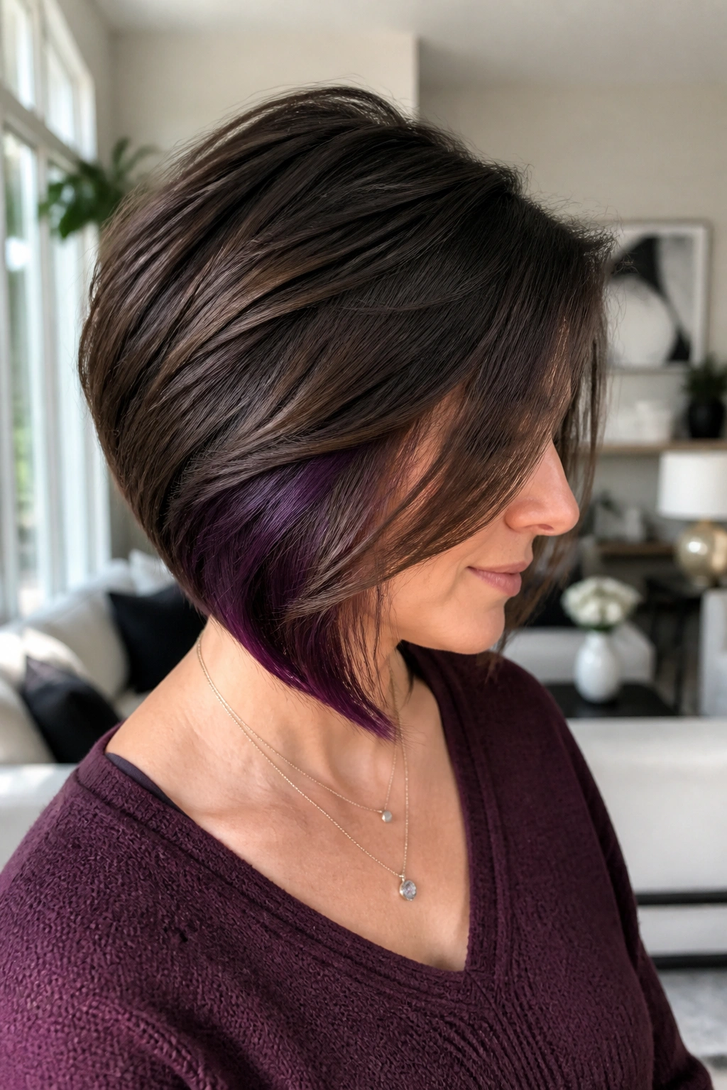 Side-profile portrait showing eggplant underlayers peeking from a layered bob