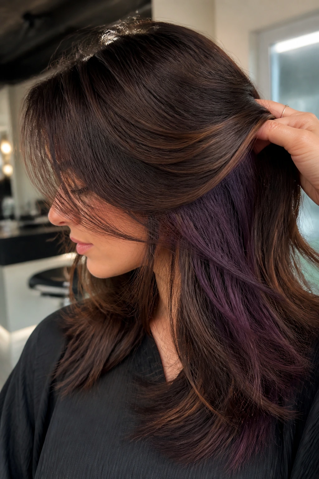 Close-up of a real woman showing subtle eggplant underlights beneath the top layer