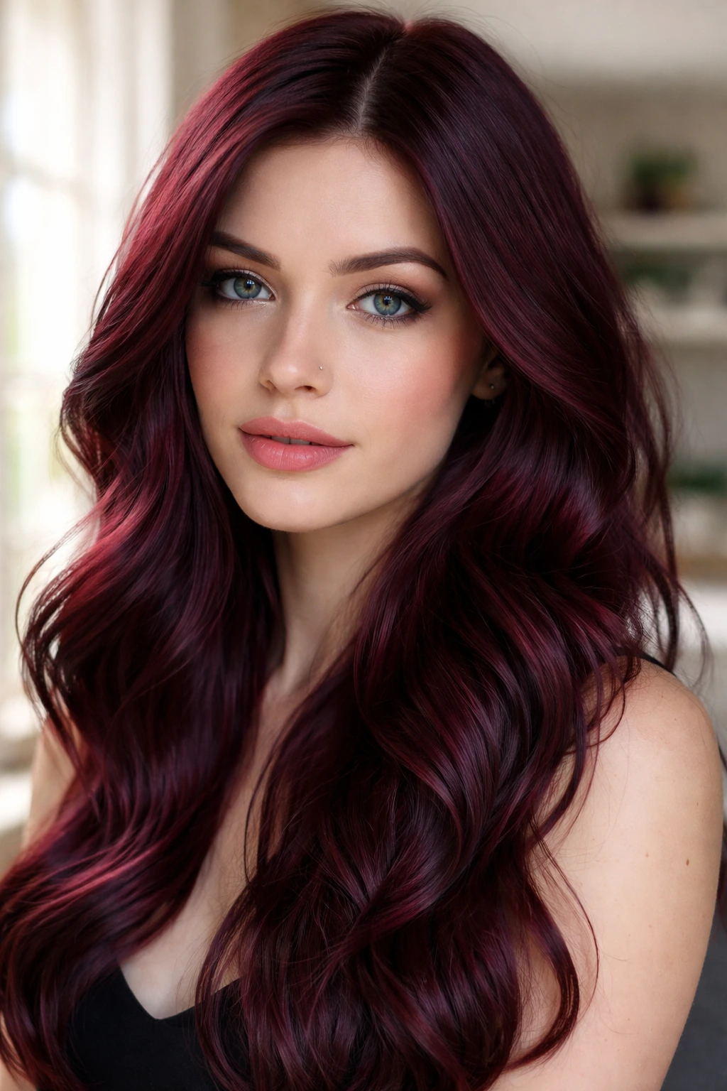 Close-up portrait of a real woman with elderberry red hair color