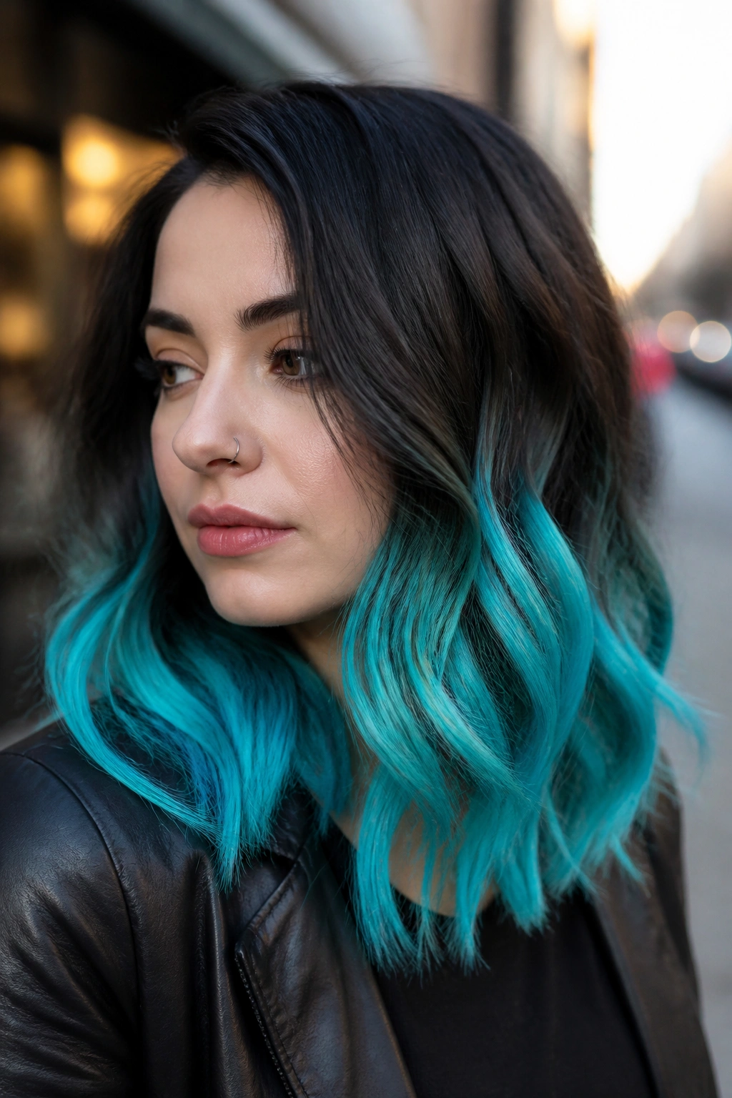 Close-up portrait of a real woman with electric aqua ends on dark hair