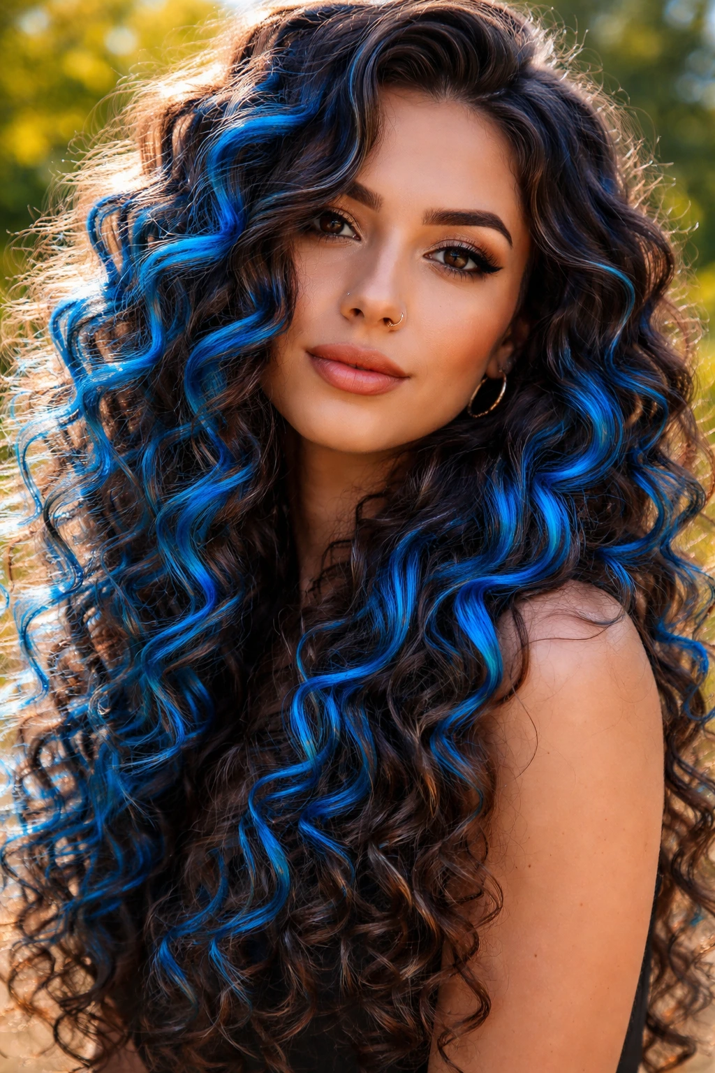Close-up of a real person with electric blue curly hair