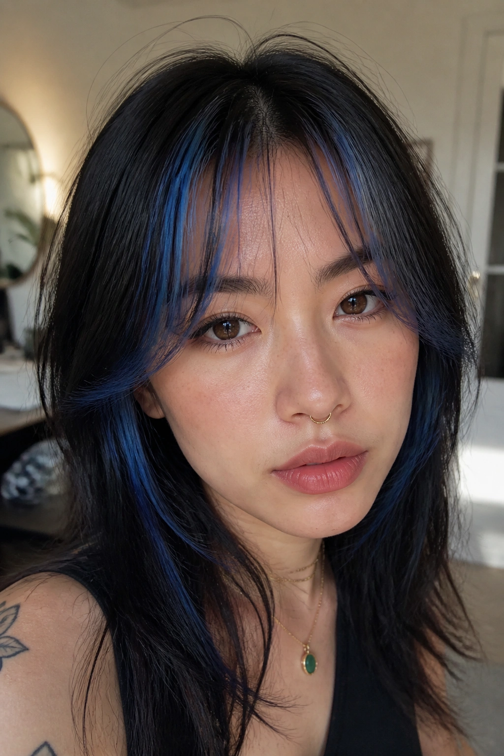 Close-up of curtain bangs with thin electric blue streaks, face framed by darker hair.