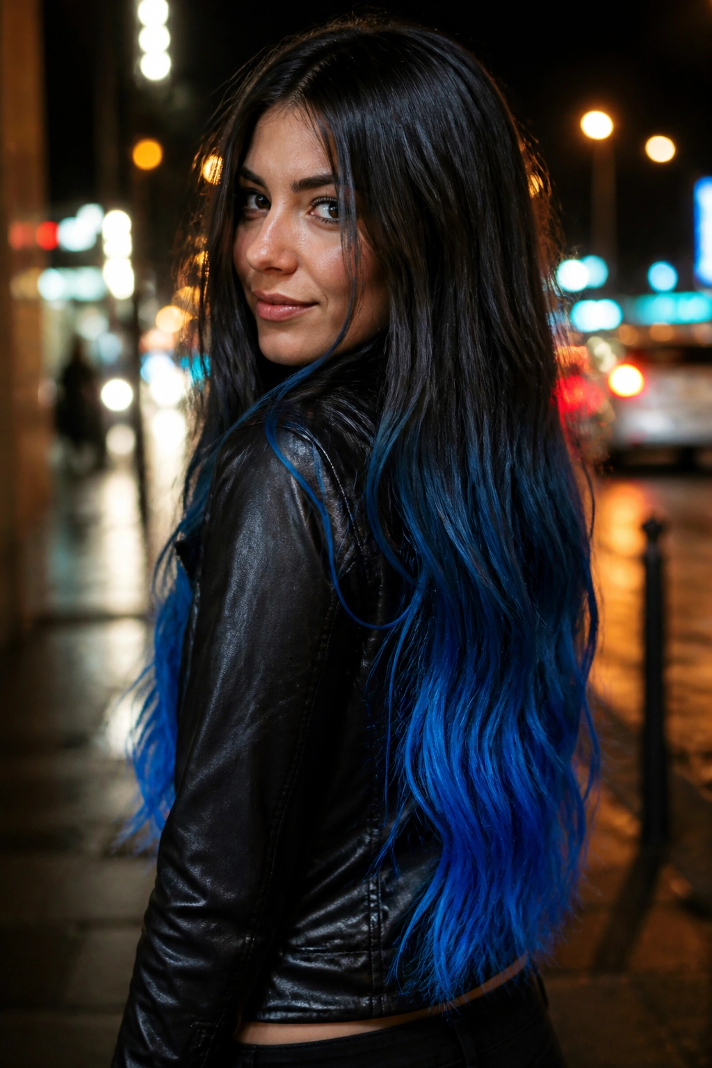 Real person with electric blue dip dye at the ends in a long hair close up