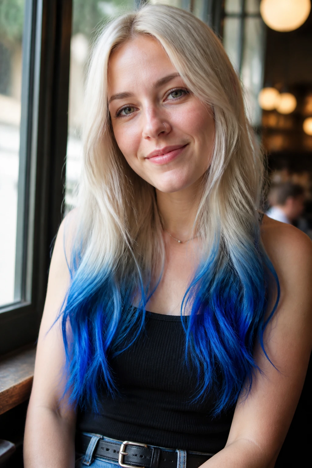 Portrait of real woman with electric blue dip-dye ends on long hair.