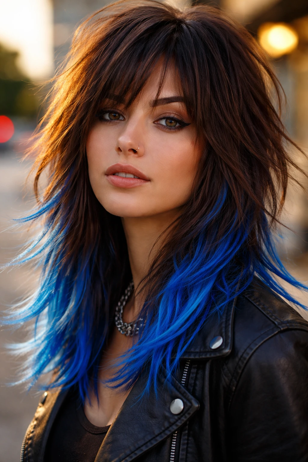Hair with electric blue shattered ends on a real person