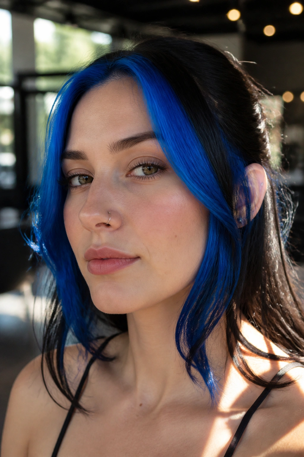 Close-up of electric blue face-framing panels around a real person's face