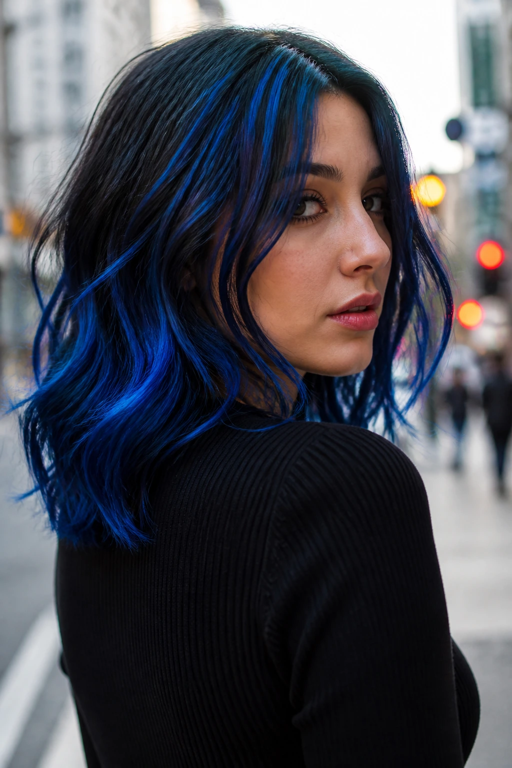 Close-up portrait of a woman with electric blue highlights in her hair.
