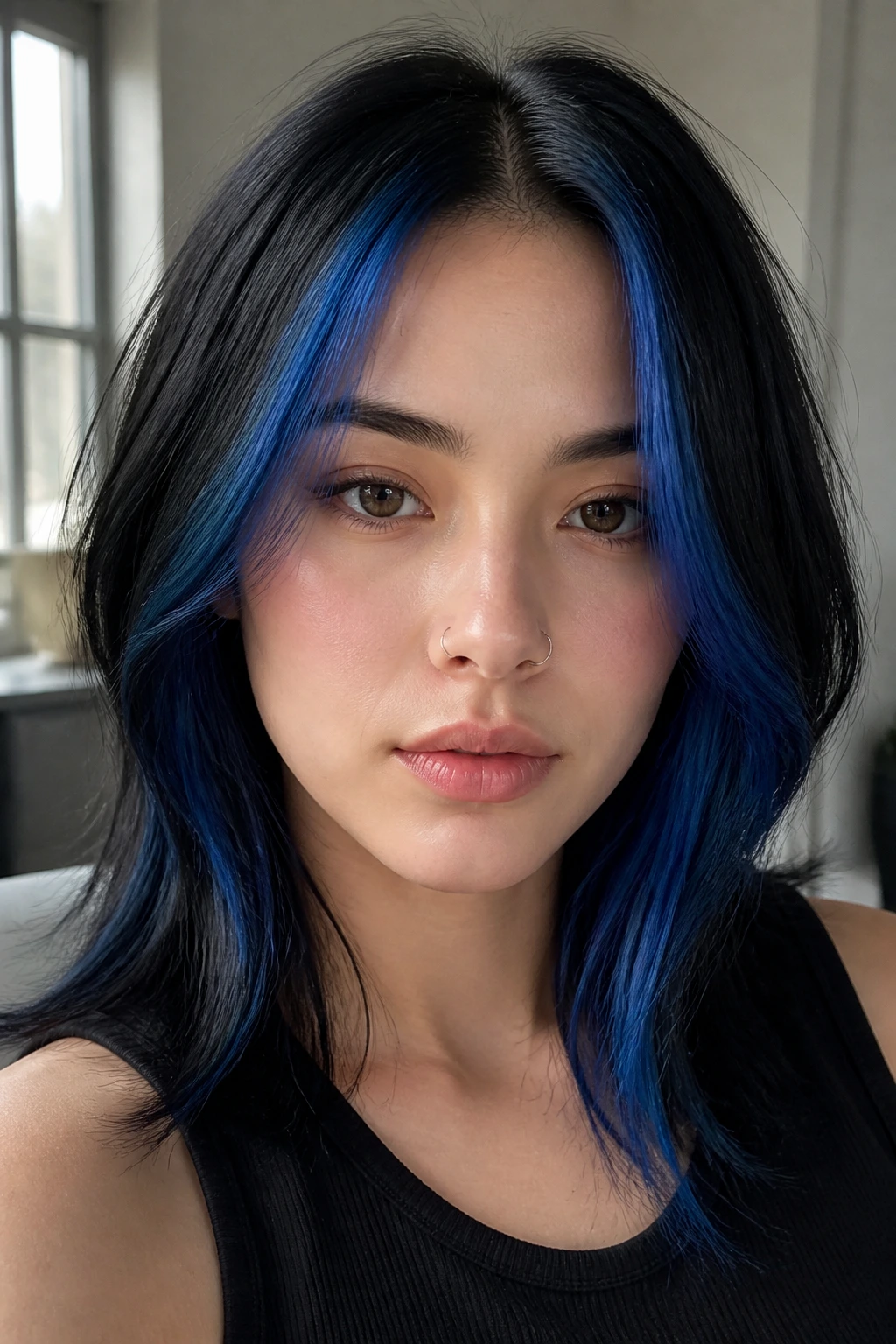 Portrait of a person with electric blue money piece framing the face on blue-black hair.