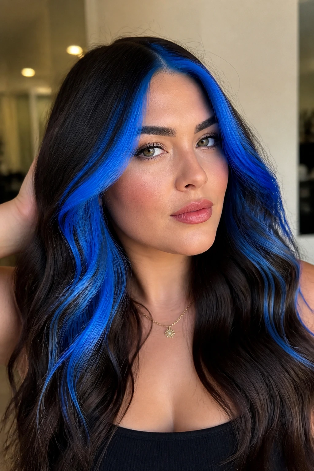 Deep brunette with electric blue money piece framing the face.