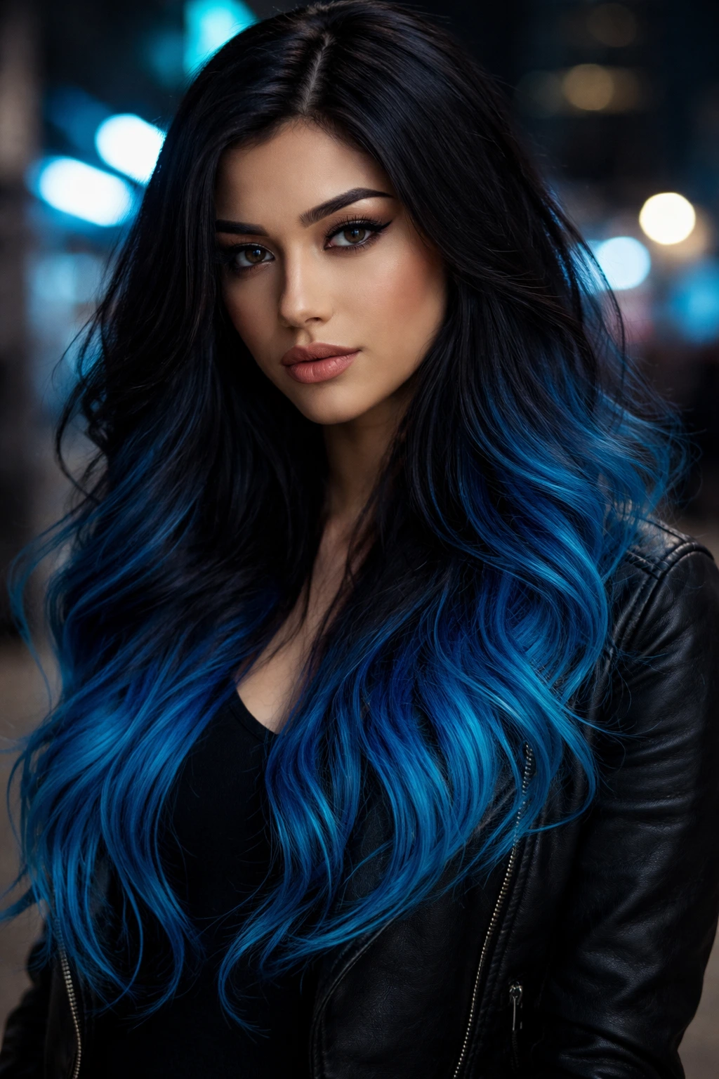 Close-up portrait of a real person with black to electric blue ombre
