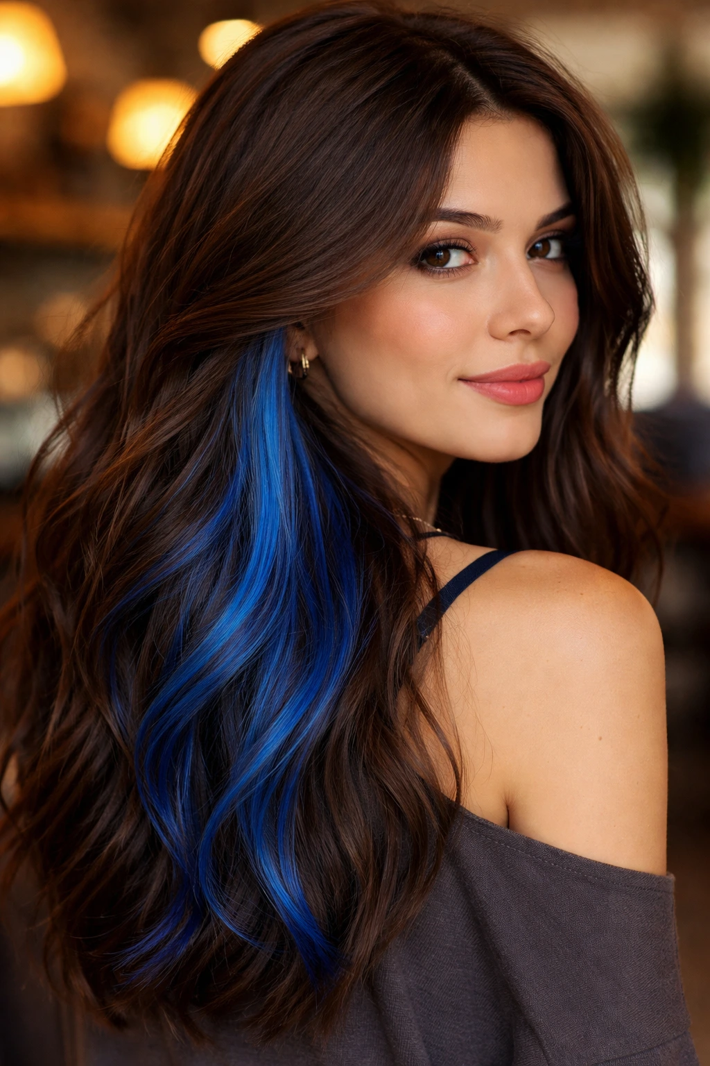 Close-up portrait of a real woman showing electric blue peek-a-boo underlayer beneath brown hair