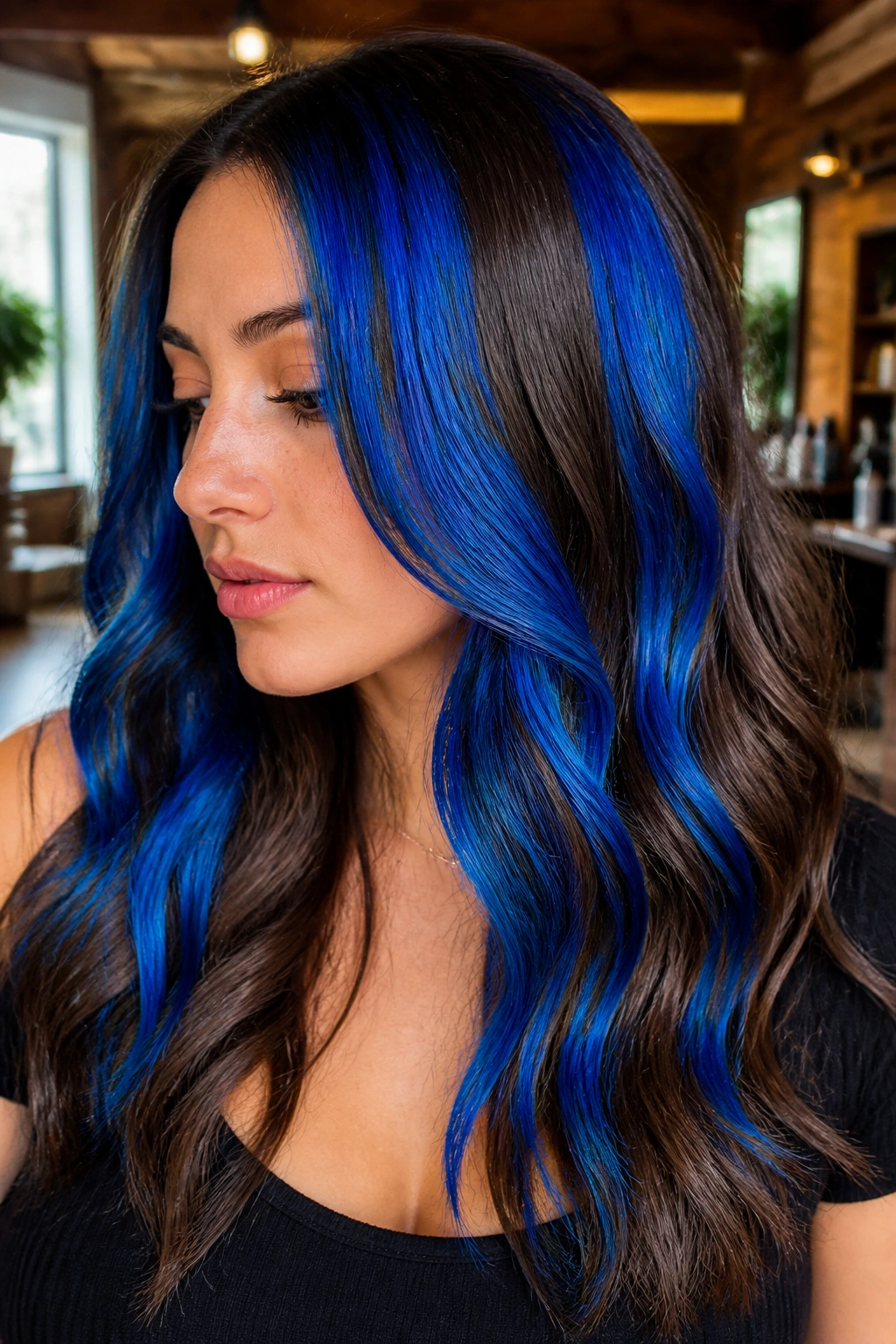Close-up portrait of a real woman with electric blue chunky streaks in dark brown hair.
