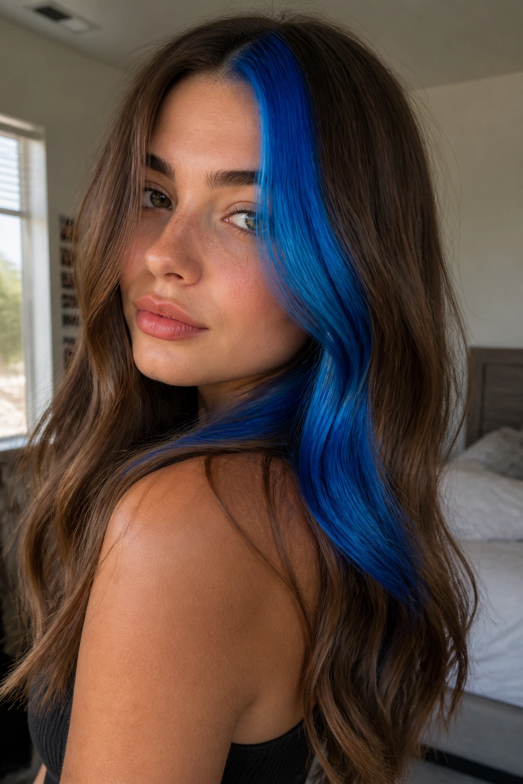 Close-up portrait of a real person with an electric blue stripe in brown hair, bold high-contrast look