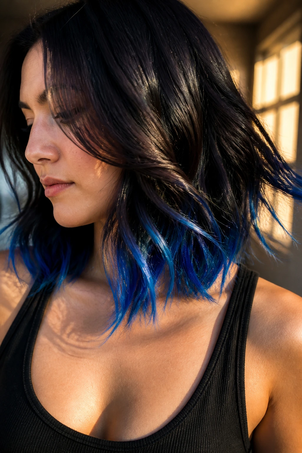 Close-up of dark brunette hair with electric blue tips balayage