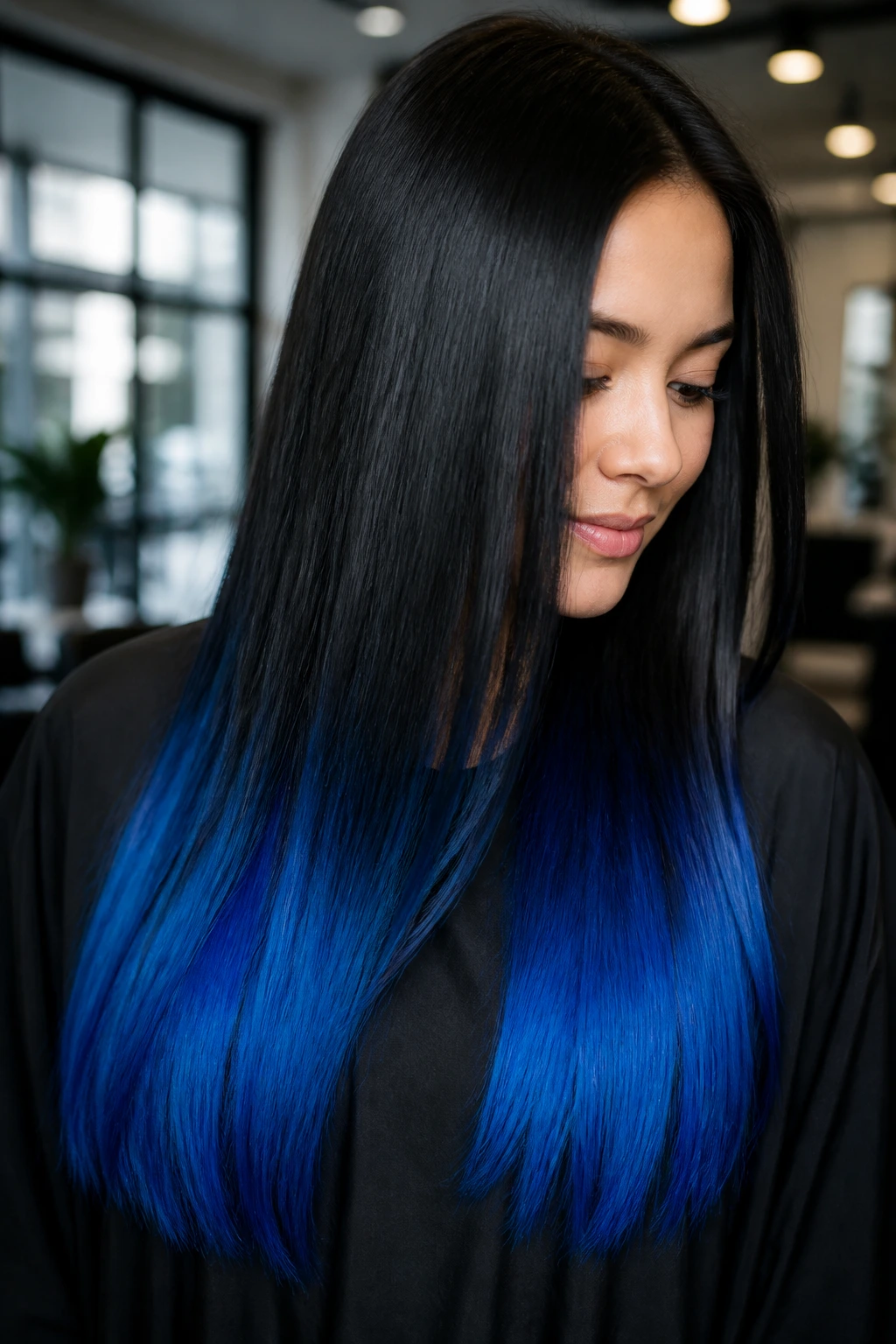 Close-up portrait of a real woman with long hair featuring electric blue tips against a softly lit salon background