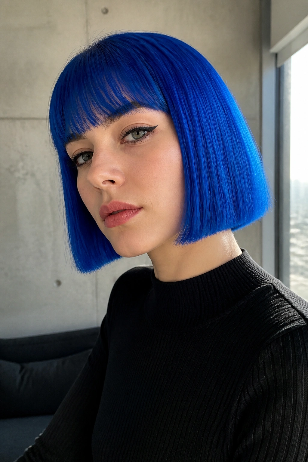 Portrait of real person with electric cobalt blue bob.