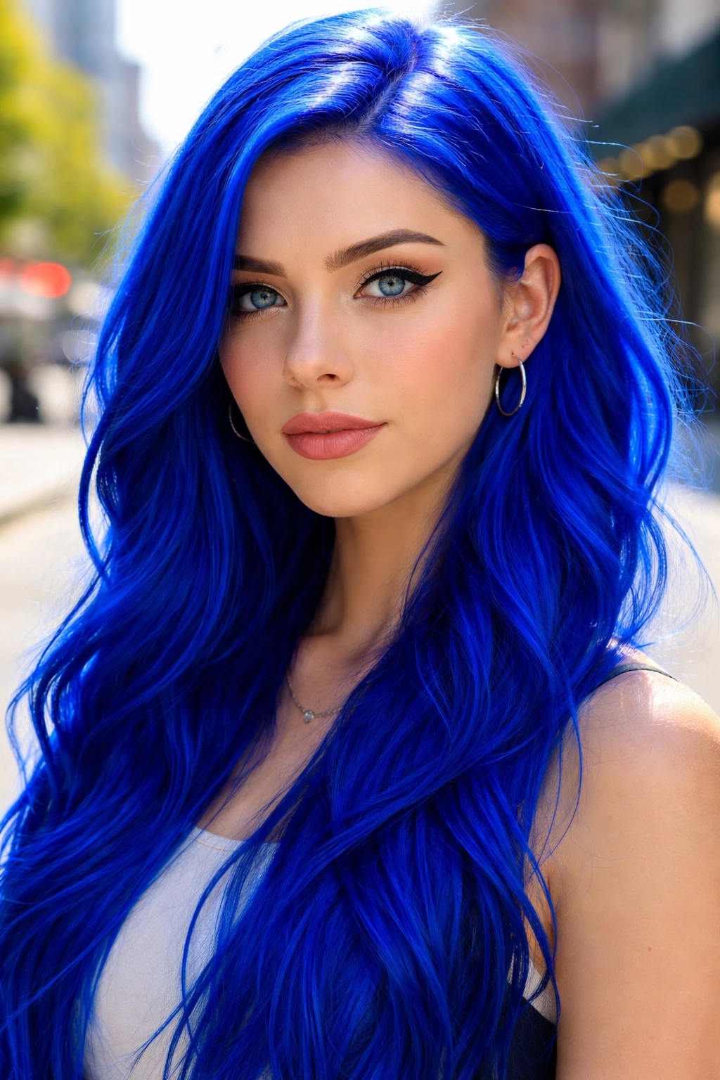 Portrait of a person with electric cobalt hair in bright daylight.