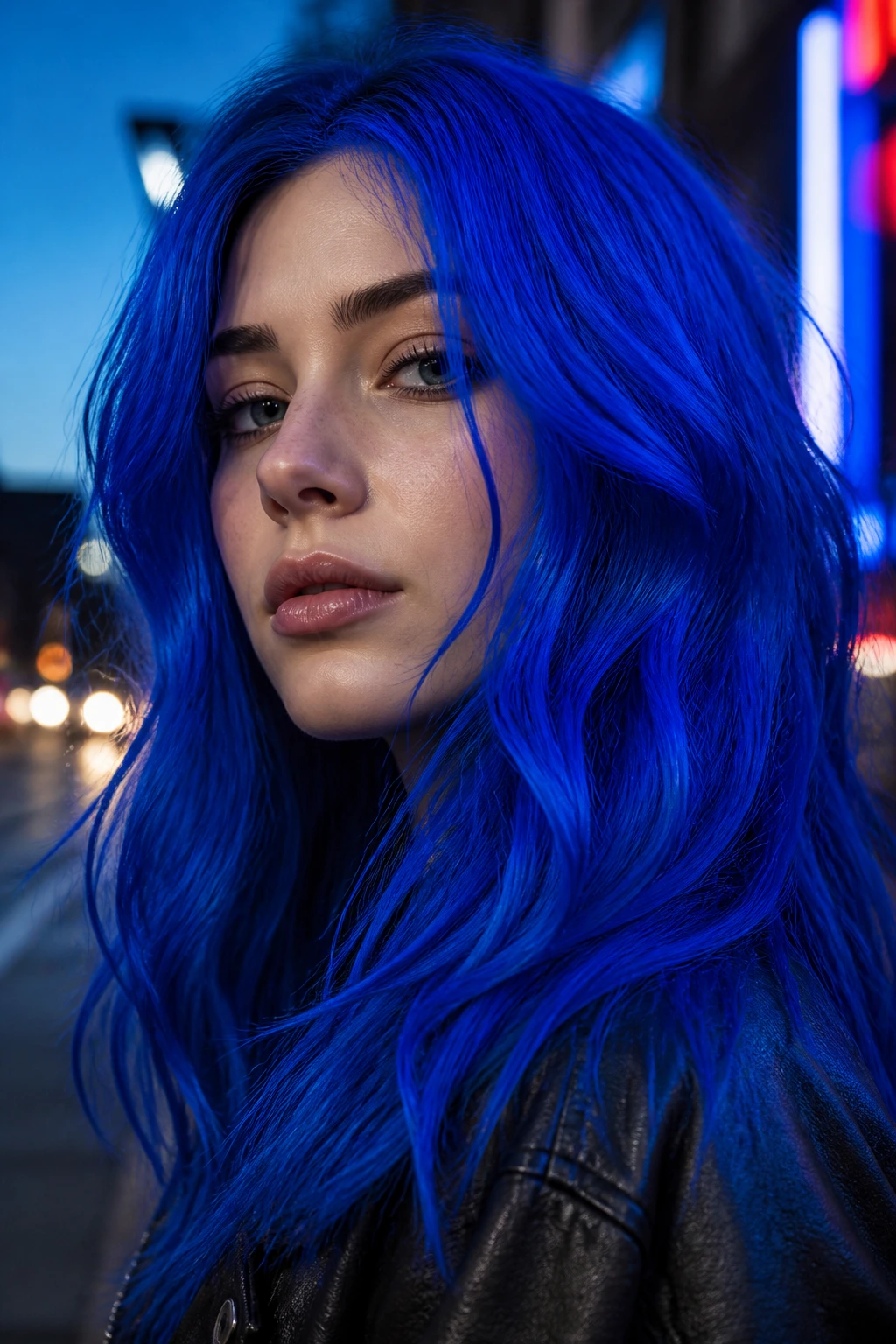 Portrait of a person with electric cobalt hair against a blue-hour street scene.