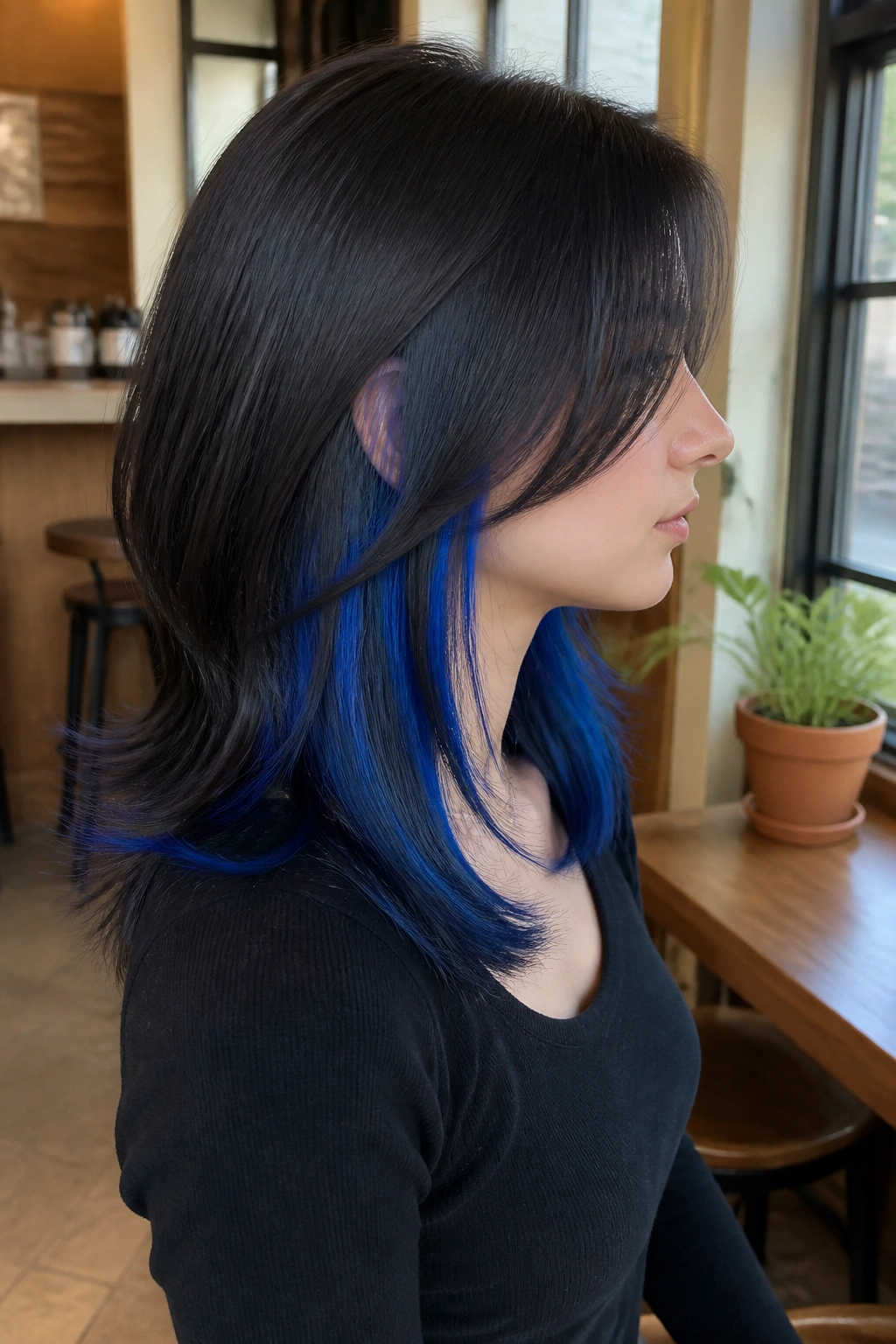 Side profile of a real person with cobalt peekaboo panels under darker hair