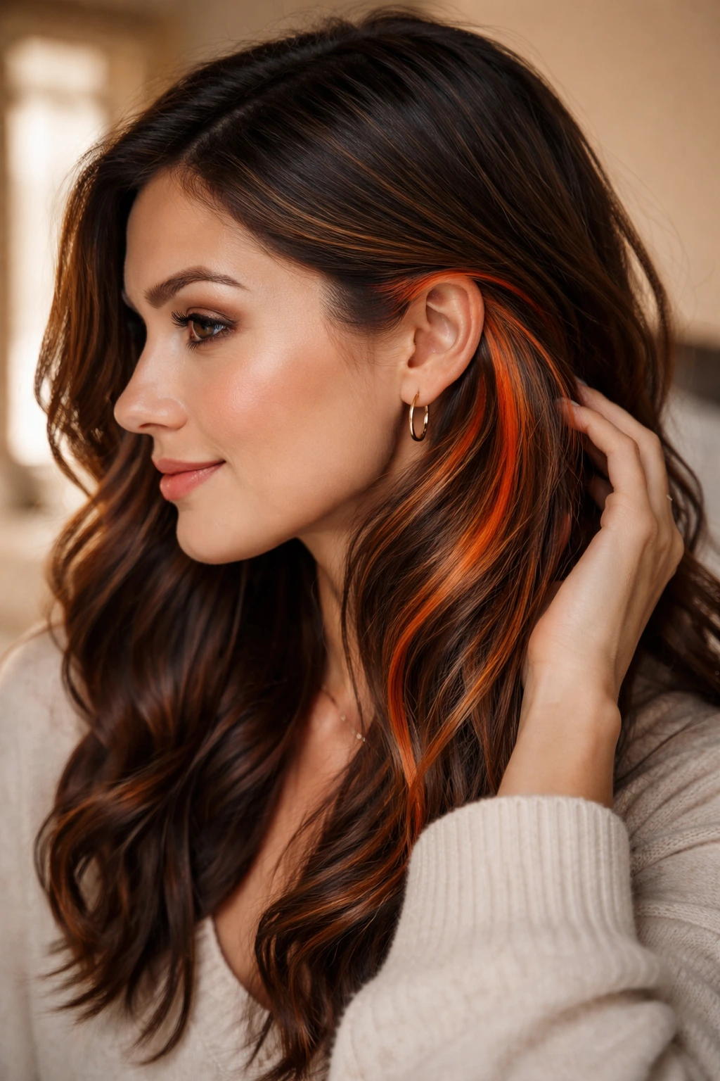 Close-up of a real woman with electric copper accent pieces behind the ear in auburn hair