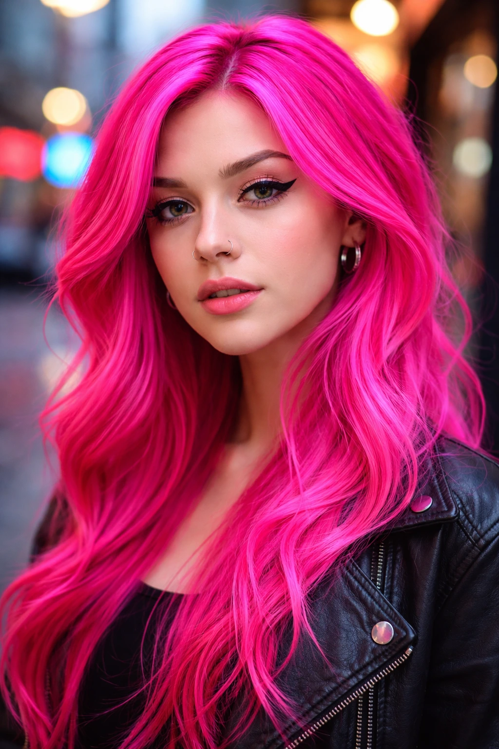Close-up portrait of a real person with electric fuchsia hair