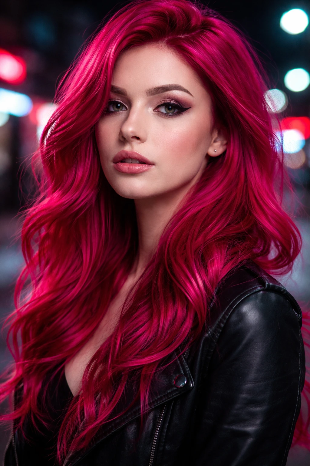 Close-up portrait of electric fuchsia-red hair on a real person in urban neon light.