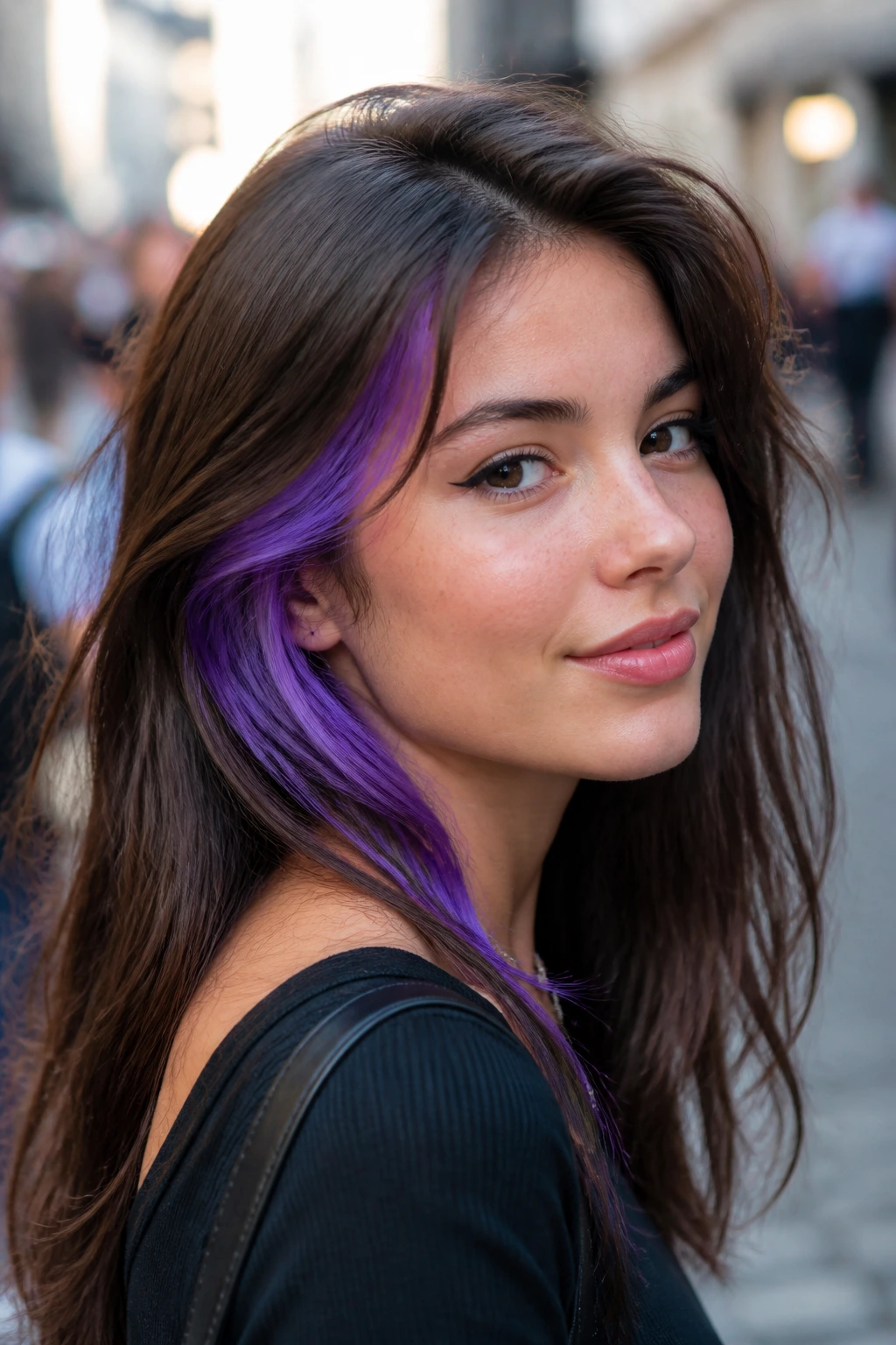 Close-up of electric lavender peekaboo strands through brown hair near the face