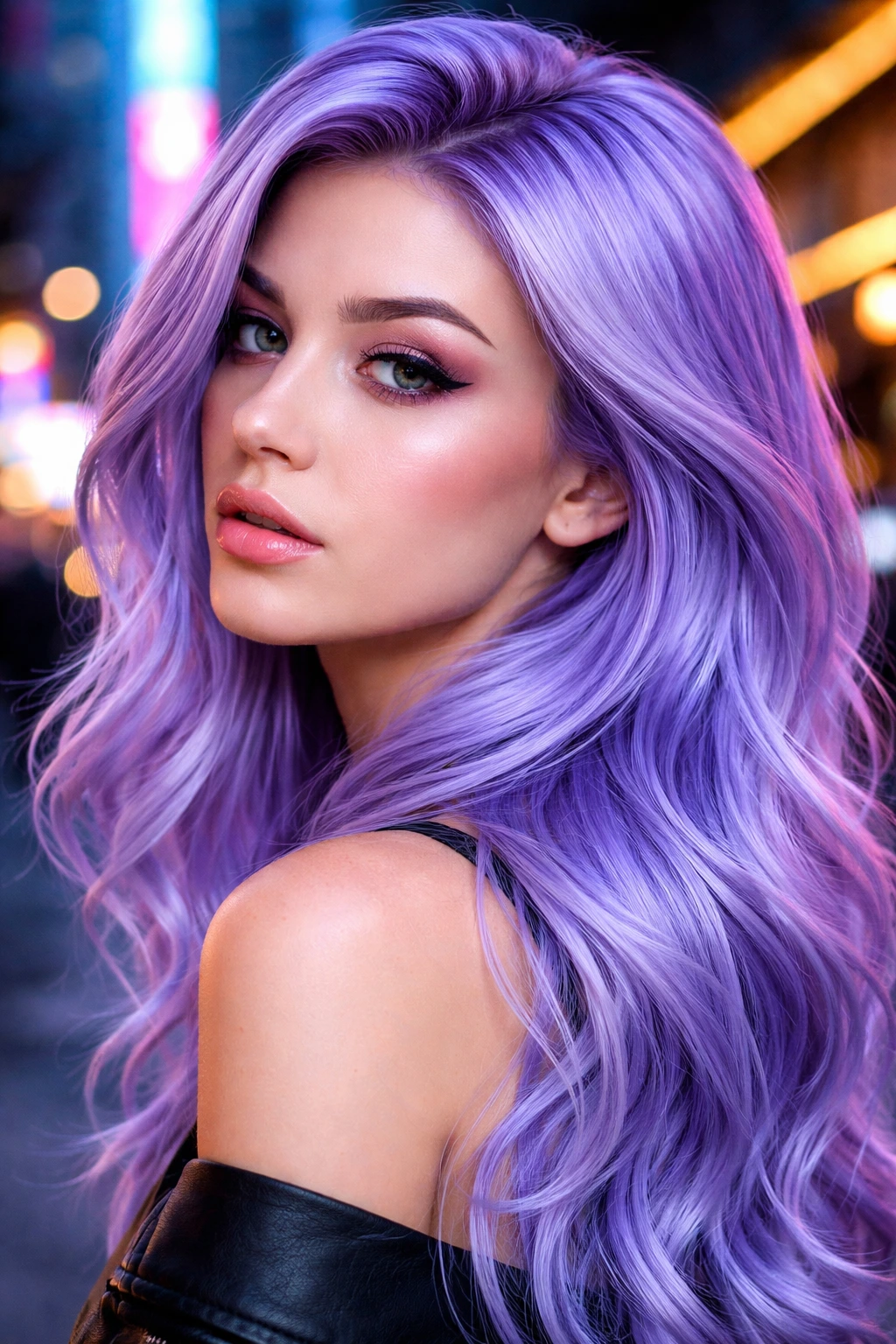 Real person with electric lilac ash hair on urban street at dusk