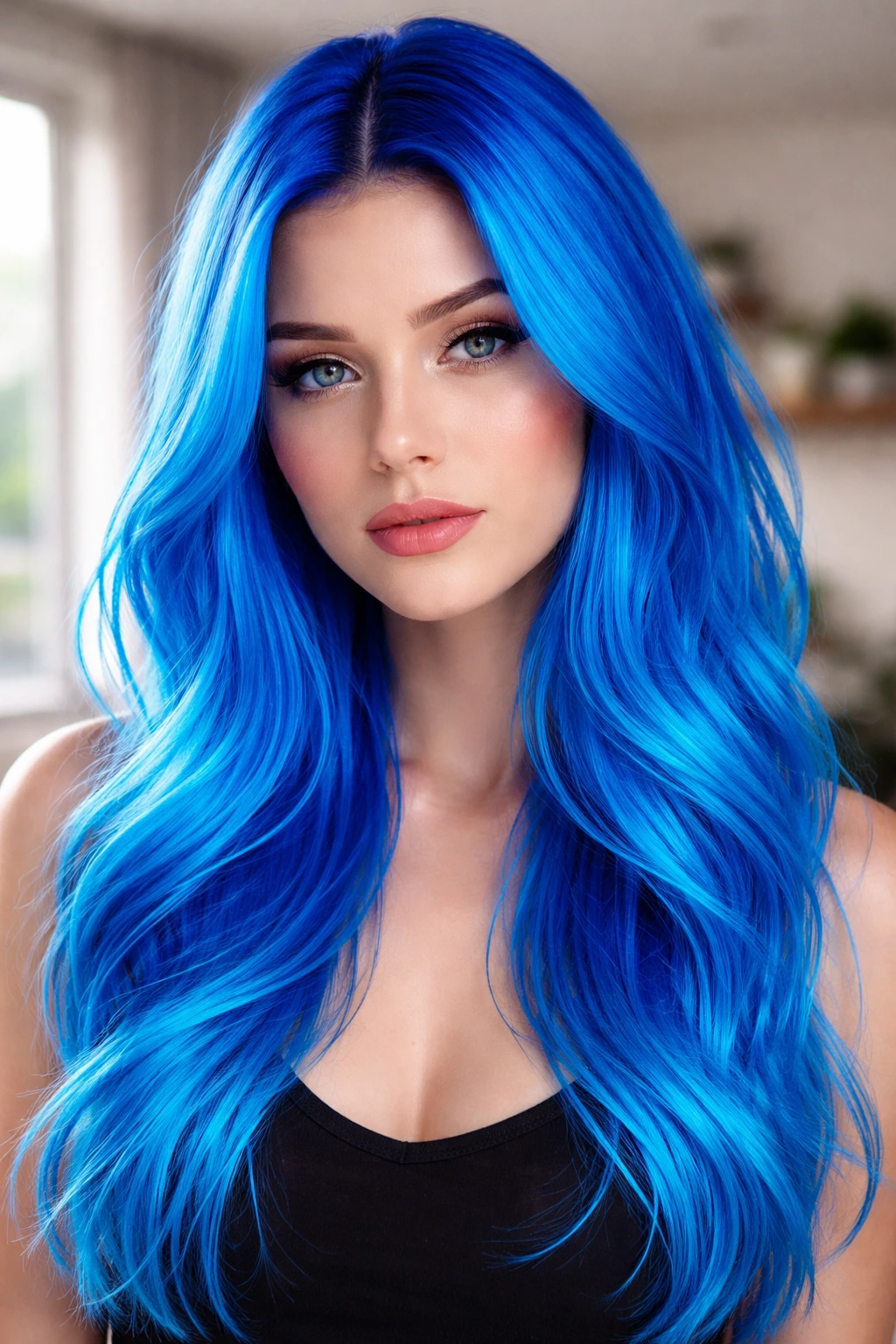 Close-up portrait of a real person with electric neon blue hair