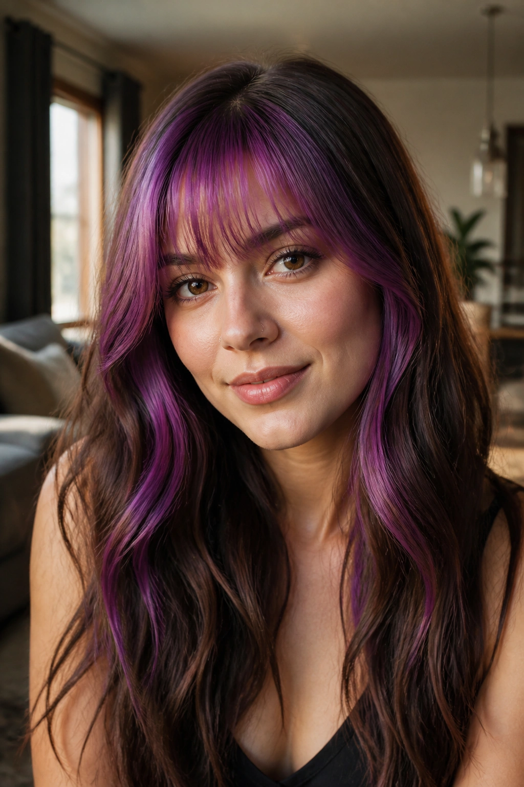 Close-up portrait of a person with electric orchid money-piece fringe on brown hair.