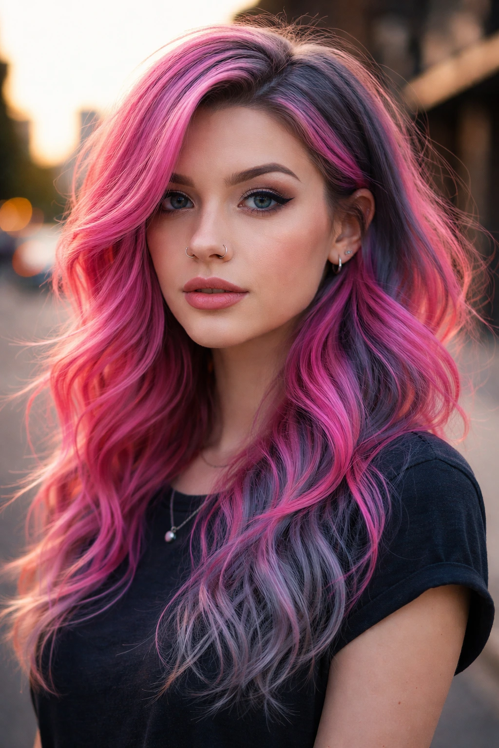 Portrait of a person with electric pink on slate gray hair in urban light