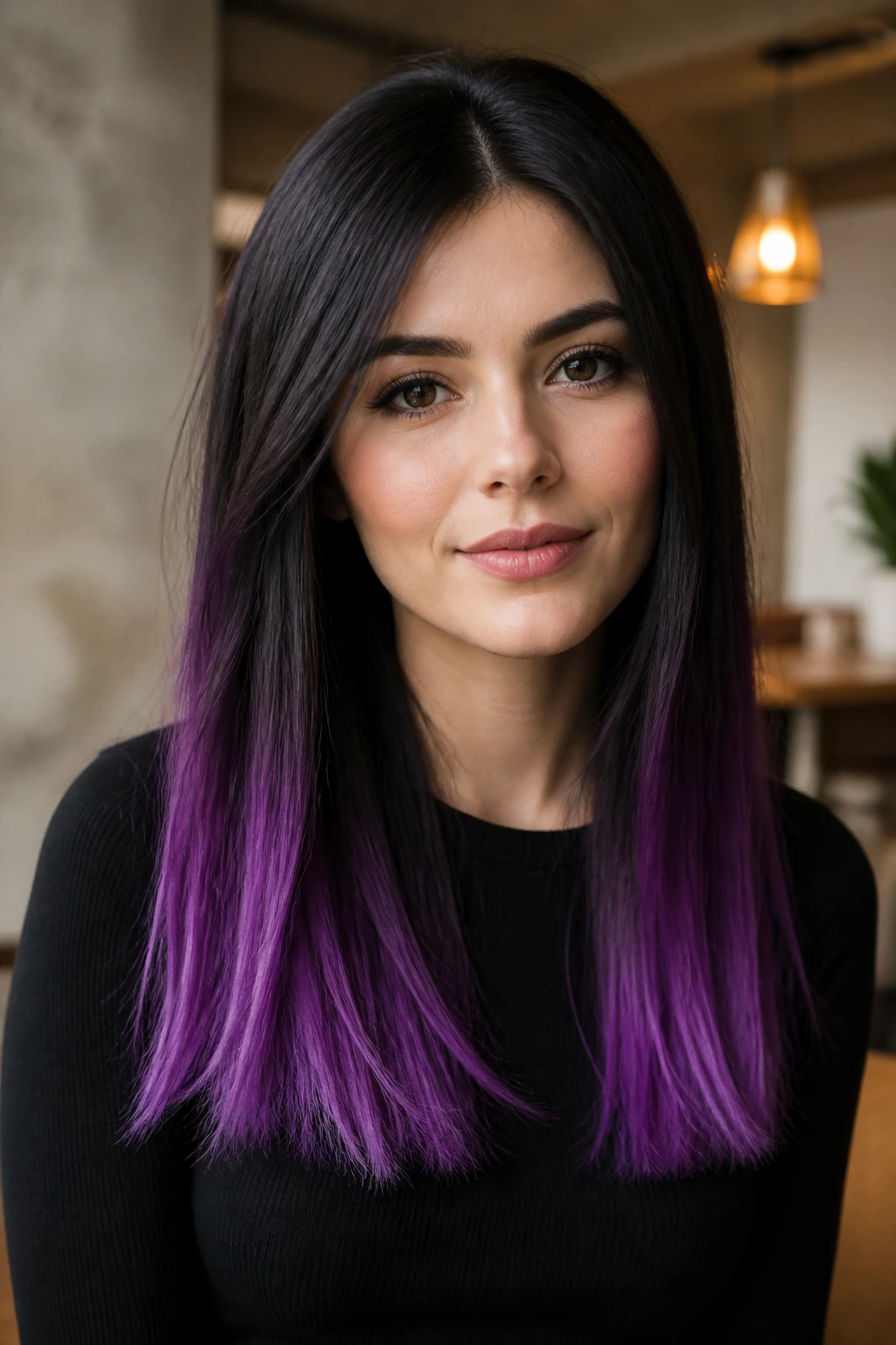 Close-up of a real person with electric purple dip-dye on the ends