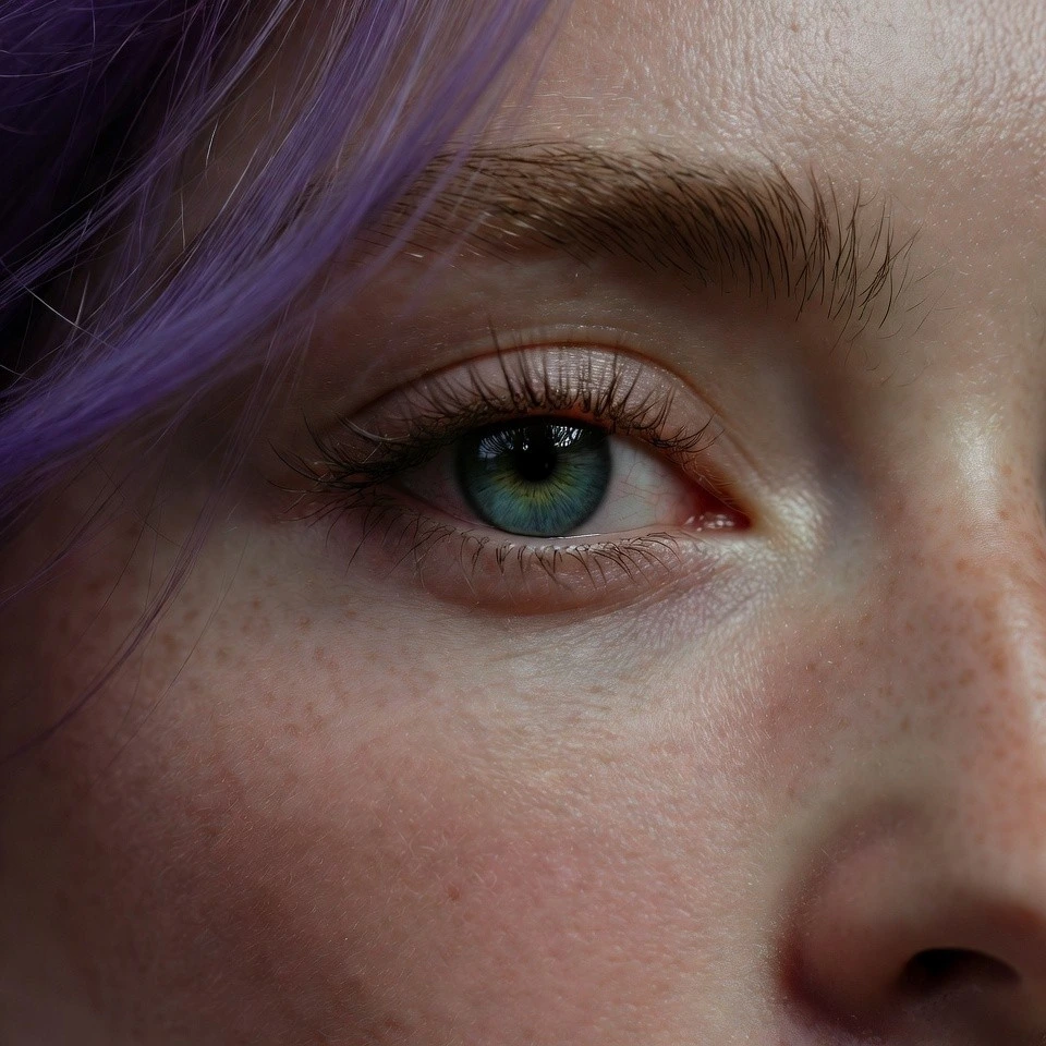 Close-up of a woman with electric purple and lavender two-tone hair, darker purple bottom and lavender top