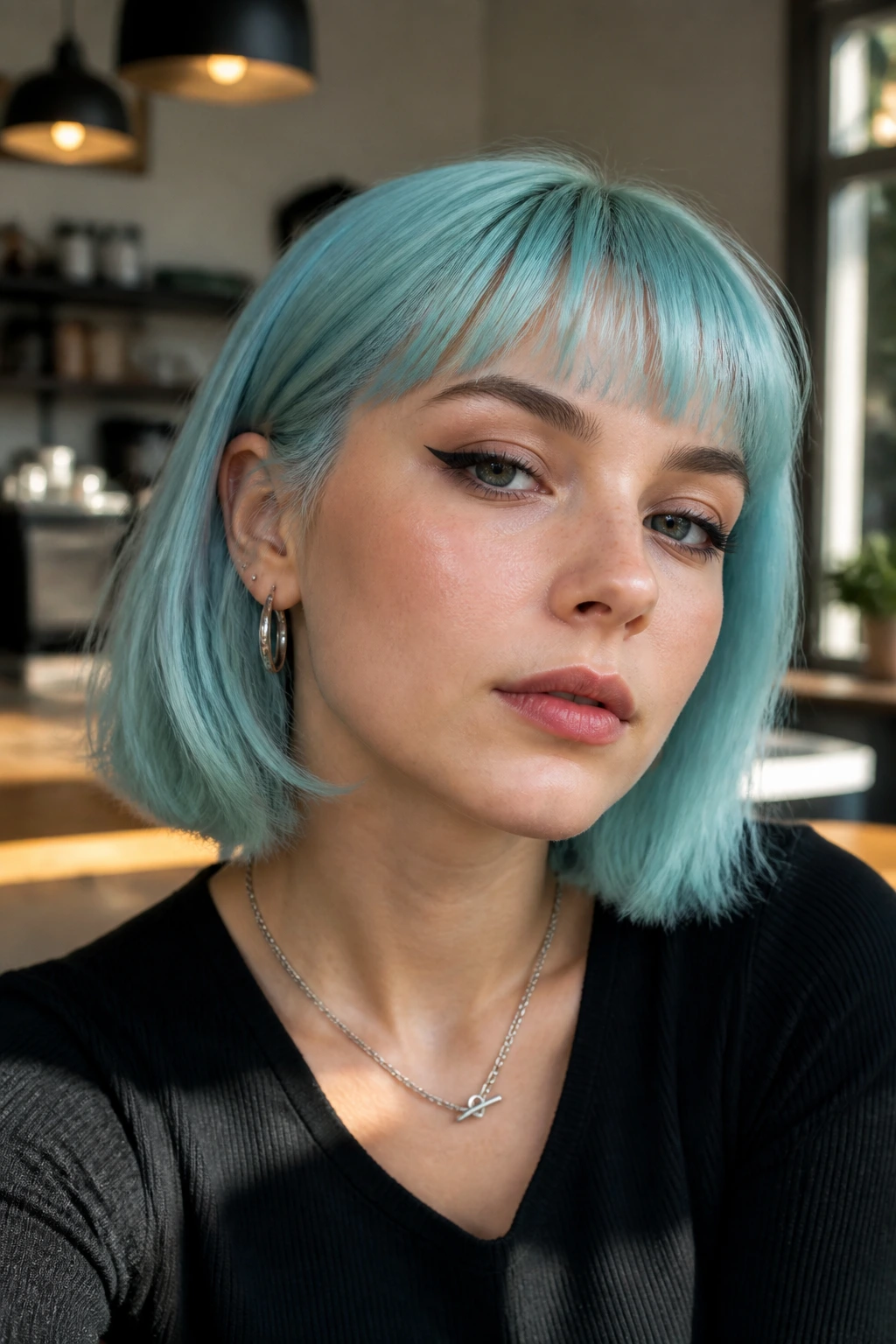 Close-up portrait of a real person with electric-soft aqua blue hair in a sunny cafe