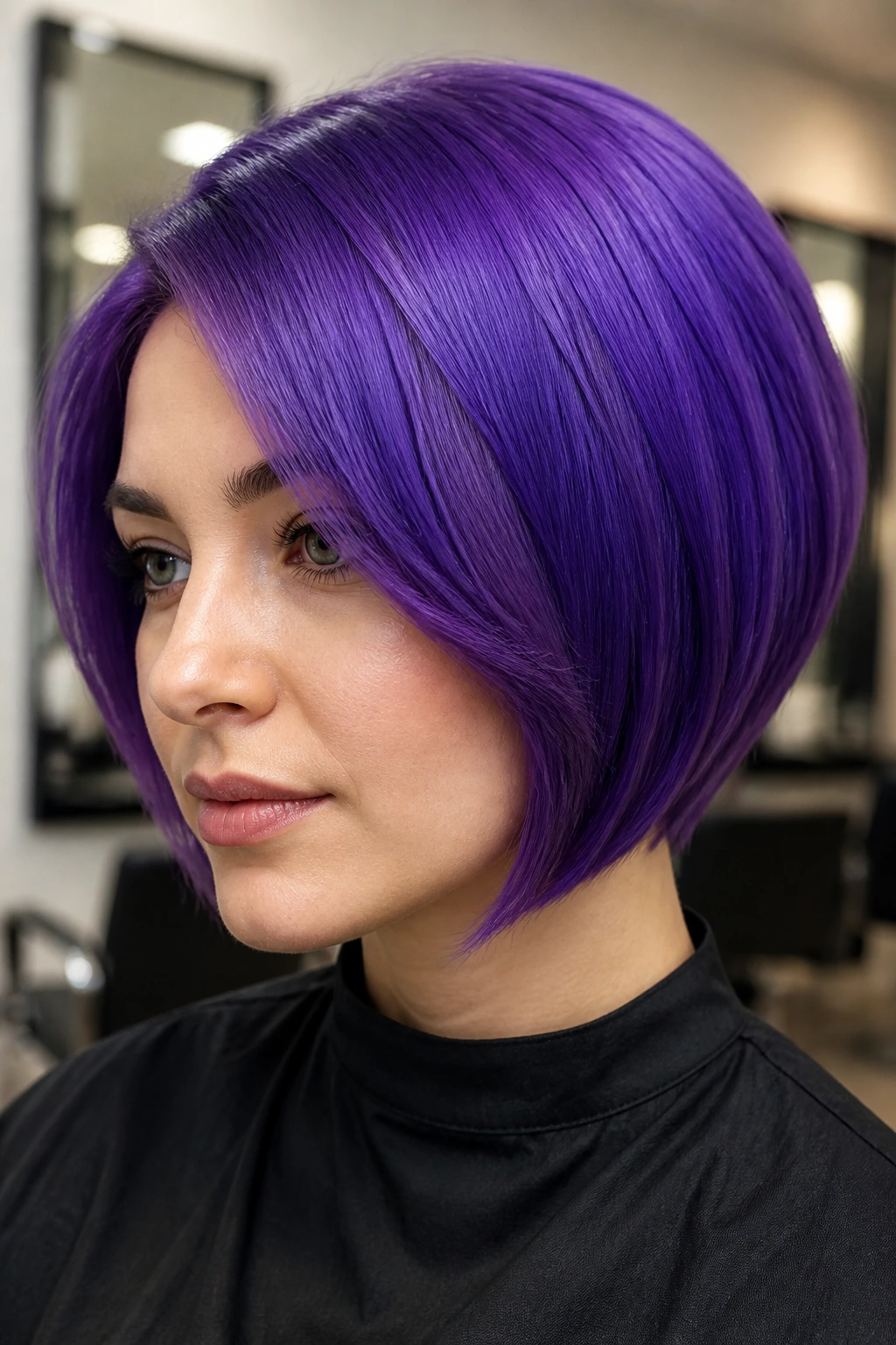 Close-up portrait of a real person with a short bob colored electric violet in a clean salon setting.