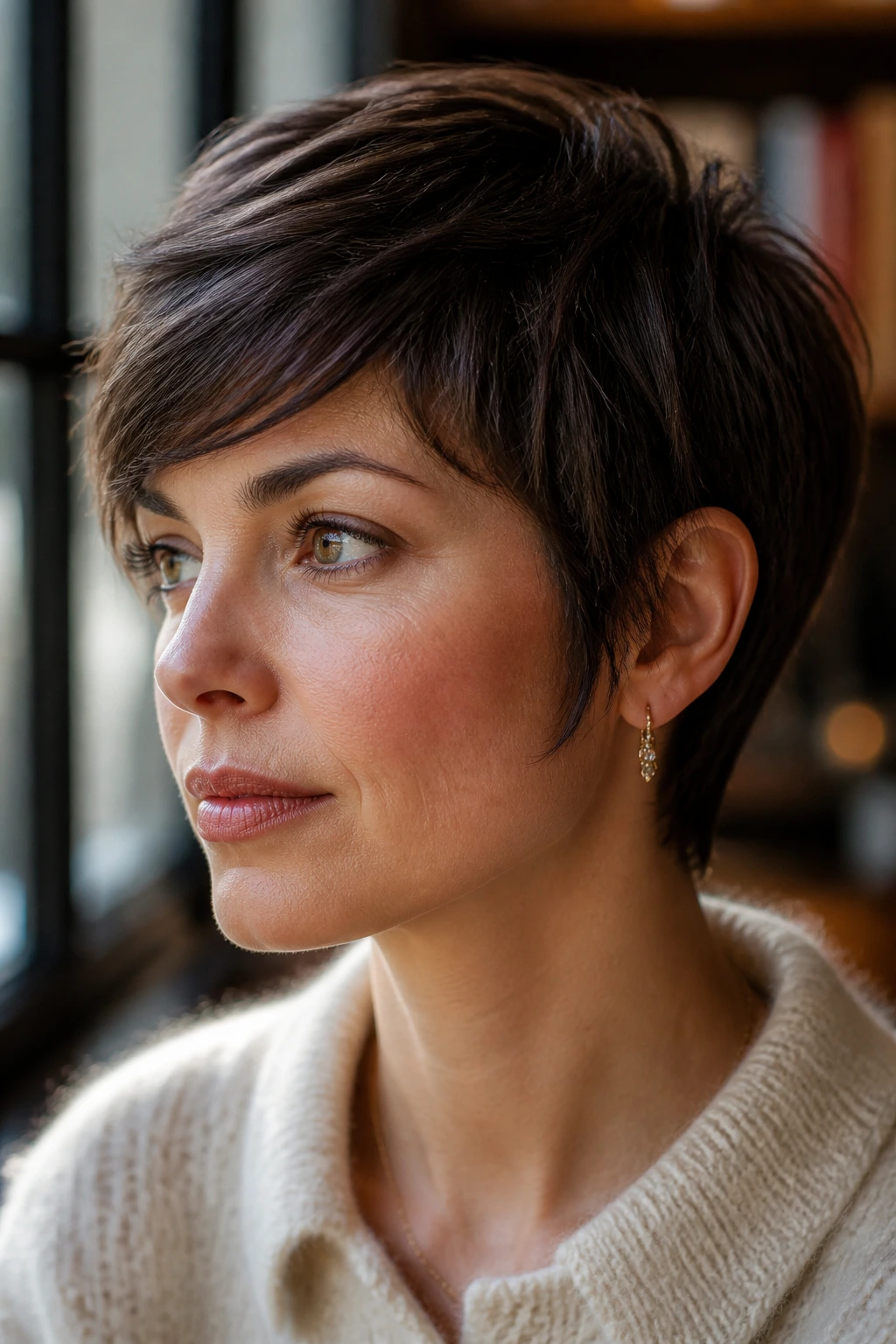 Close-up portrait of a real woman with elegant long pixie and soft sideburns