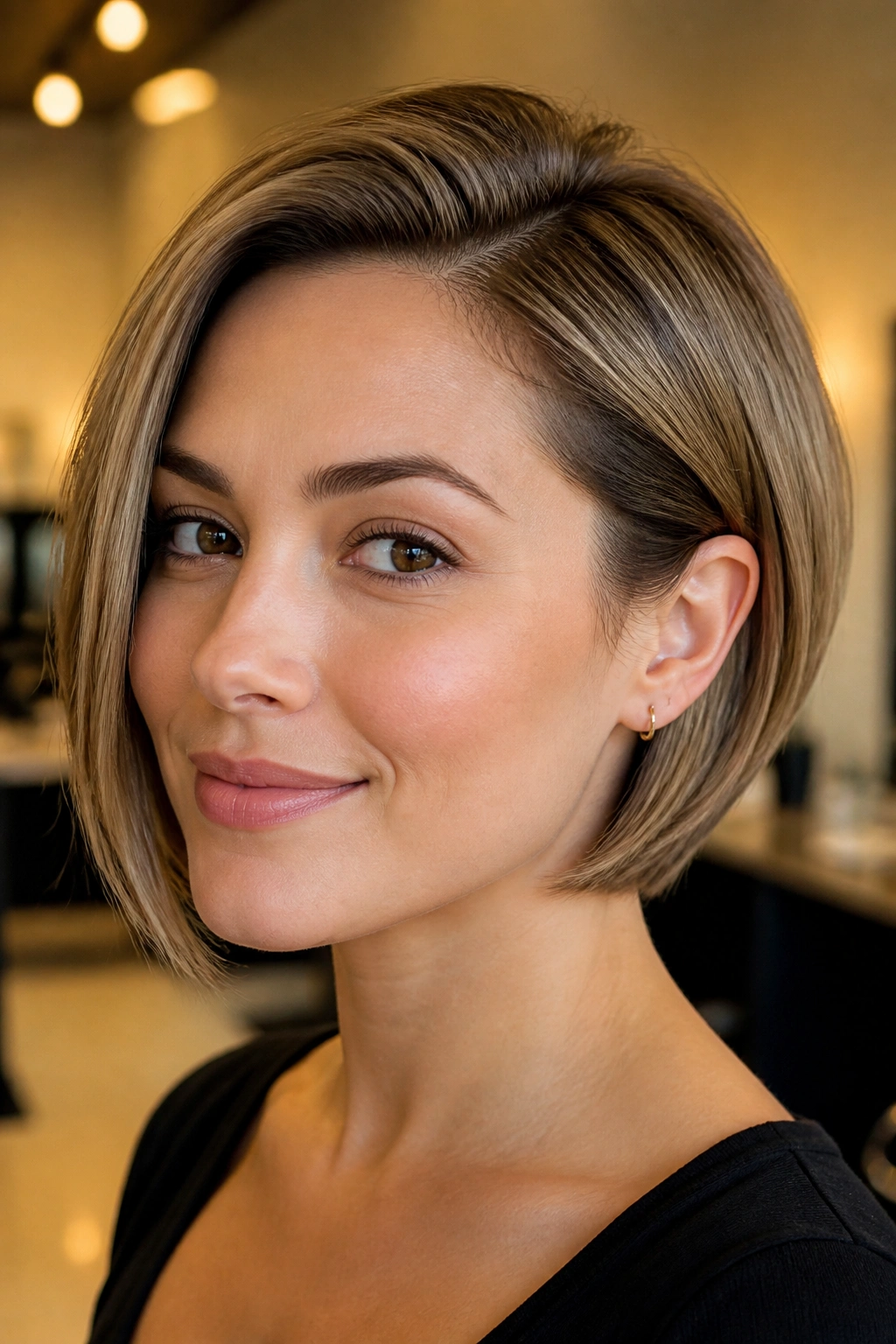 Close-up of a real person with an elegant tucked-behind-ear bob.