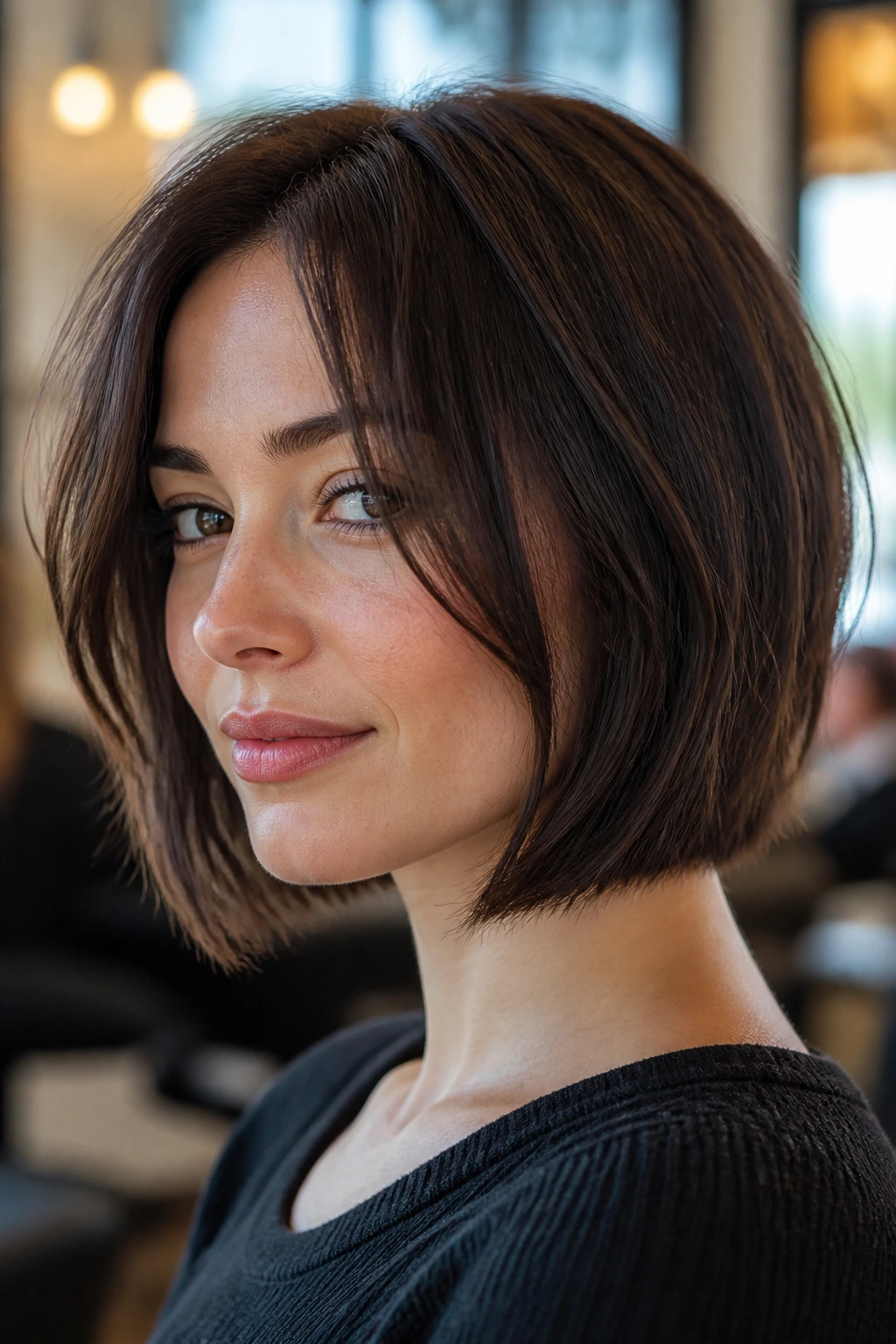 Close-up of a real woman with cheek-skimming elongated French bob in chocolate brunette