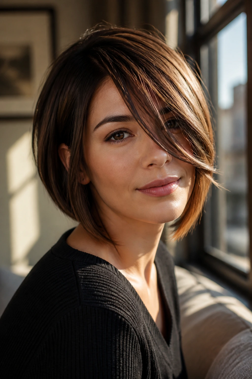 Close-up of a real woman with a chin-length bob and long diagonal side bangs