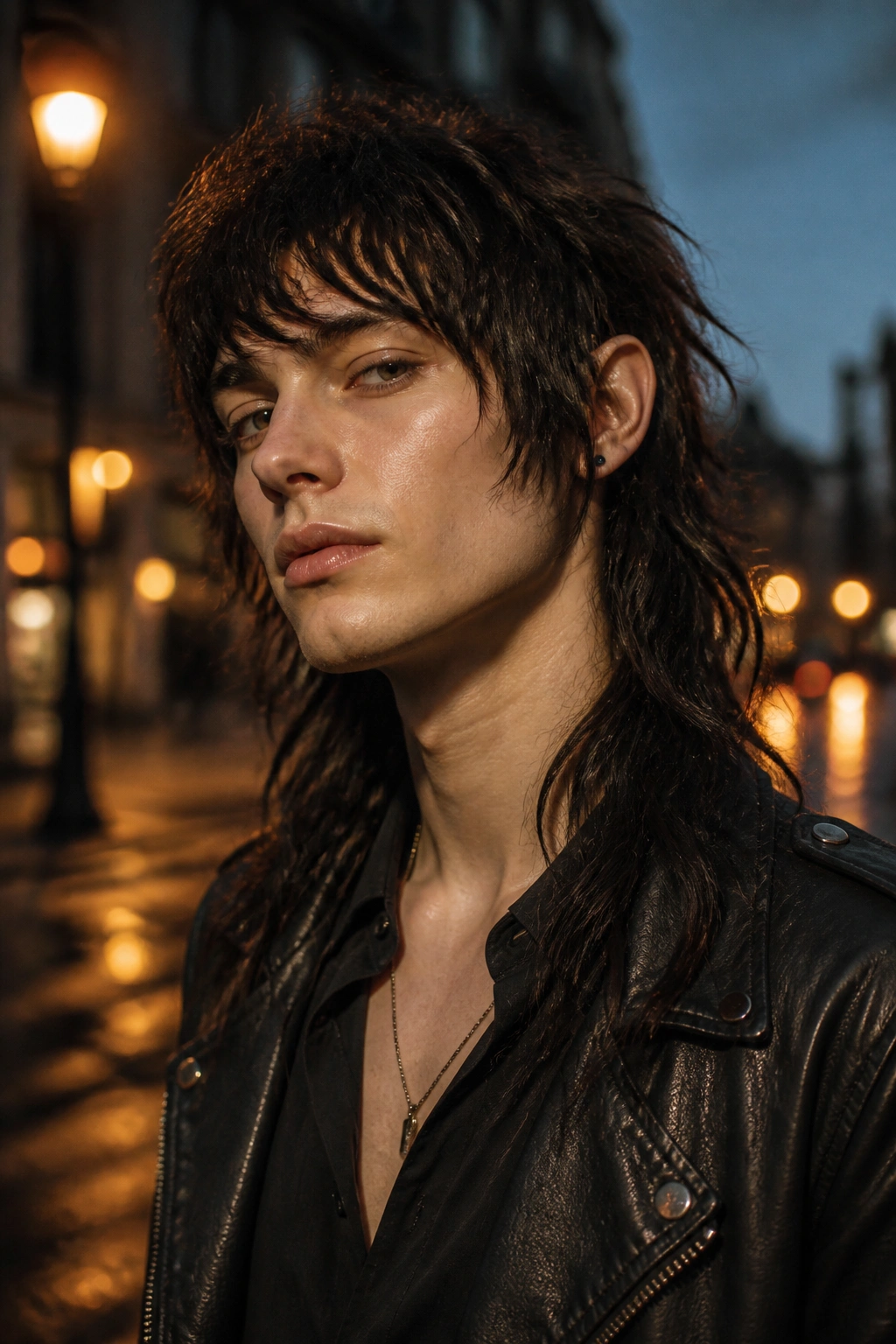 Close-up portrait of a person with asymmetrical moon-edge elvish shag mullet on an urban street at dusk