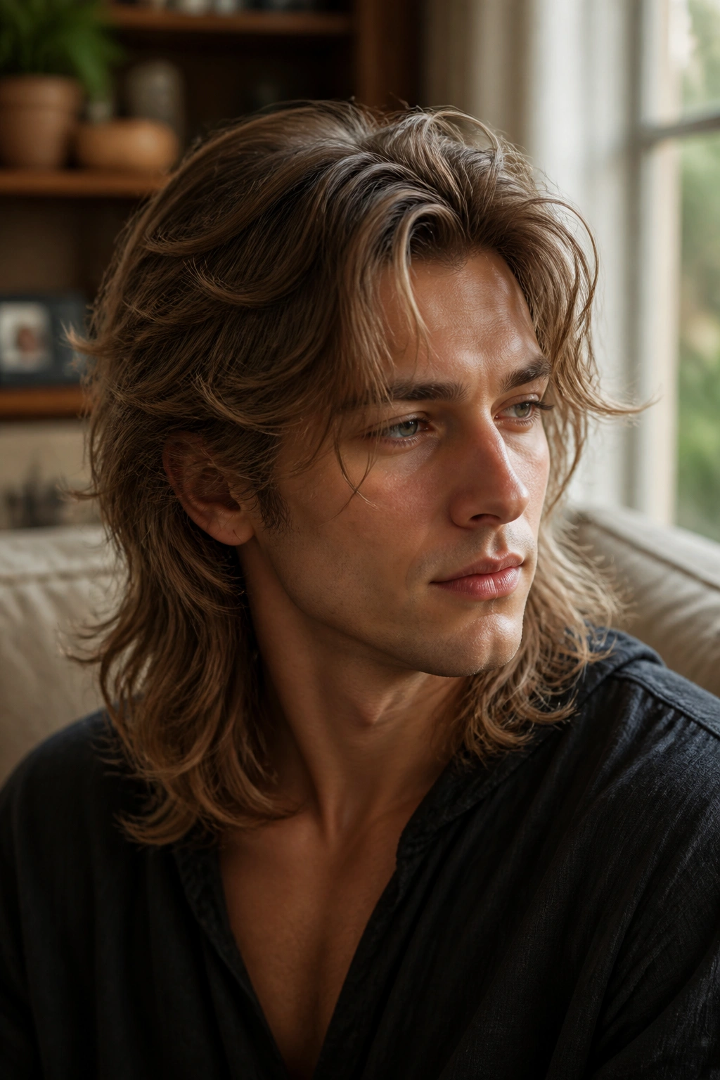 Close-up portrait of a man with bard-length feathered elvish mullet in a cozy living room
