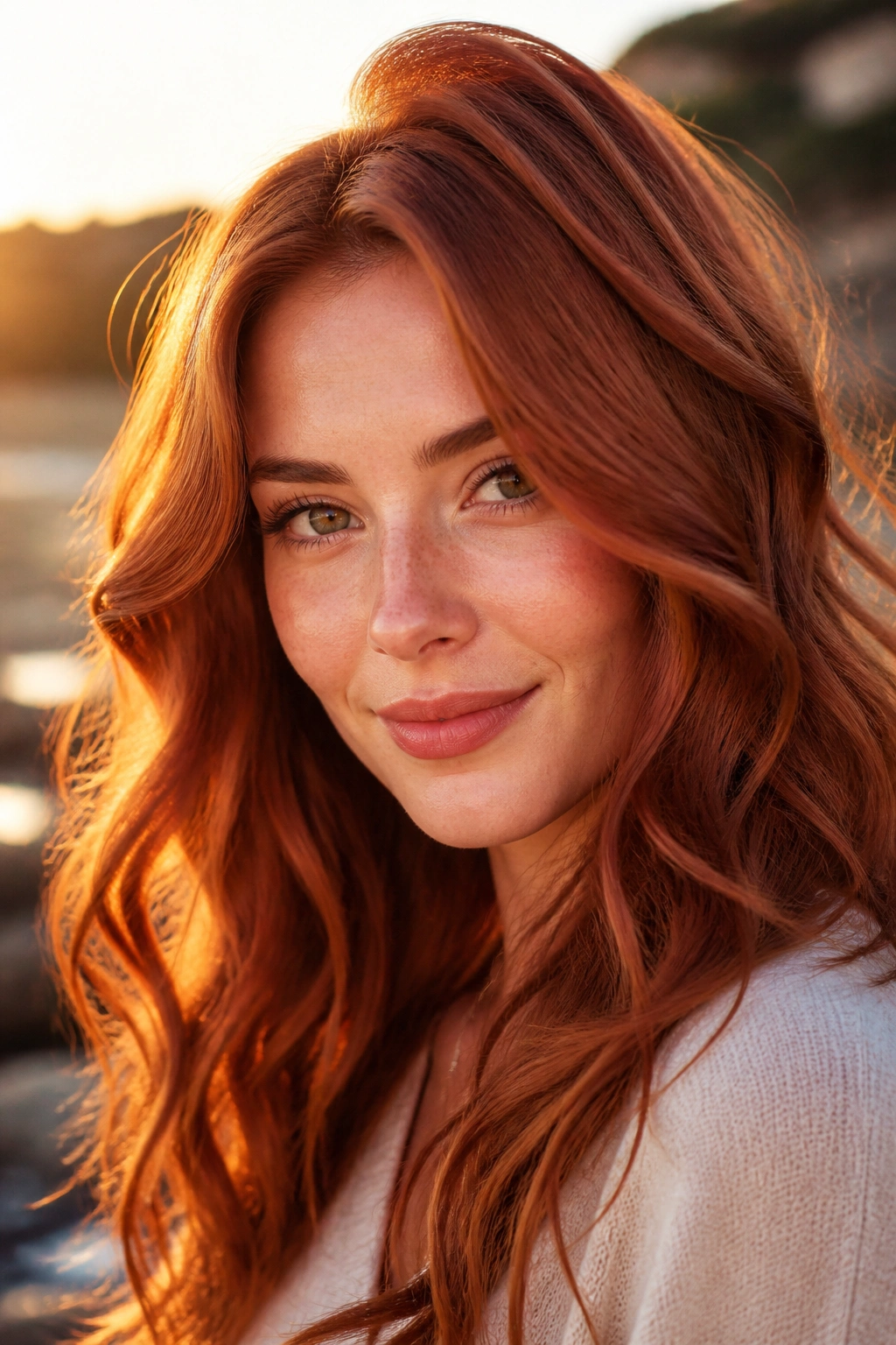 Close-up of a real person with ember auburn waves in warm natural light.