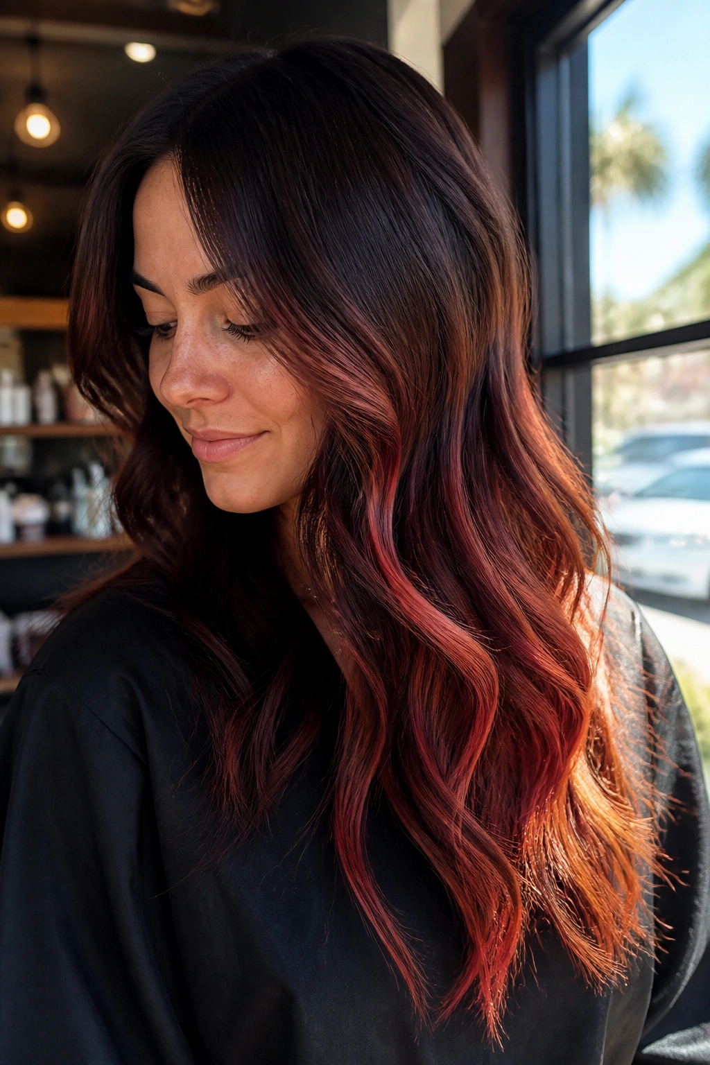 Close-up of real woman's long hair with deep brown to ember balayage in warm salon lighting.