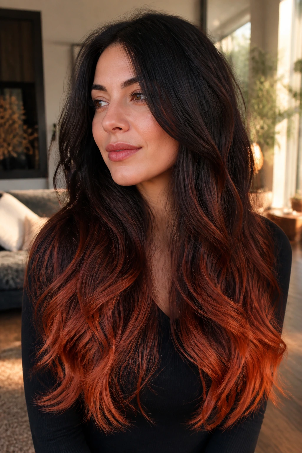 Close-up portrait of a real woman with ember ends on thick long hair