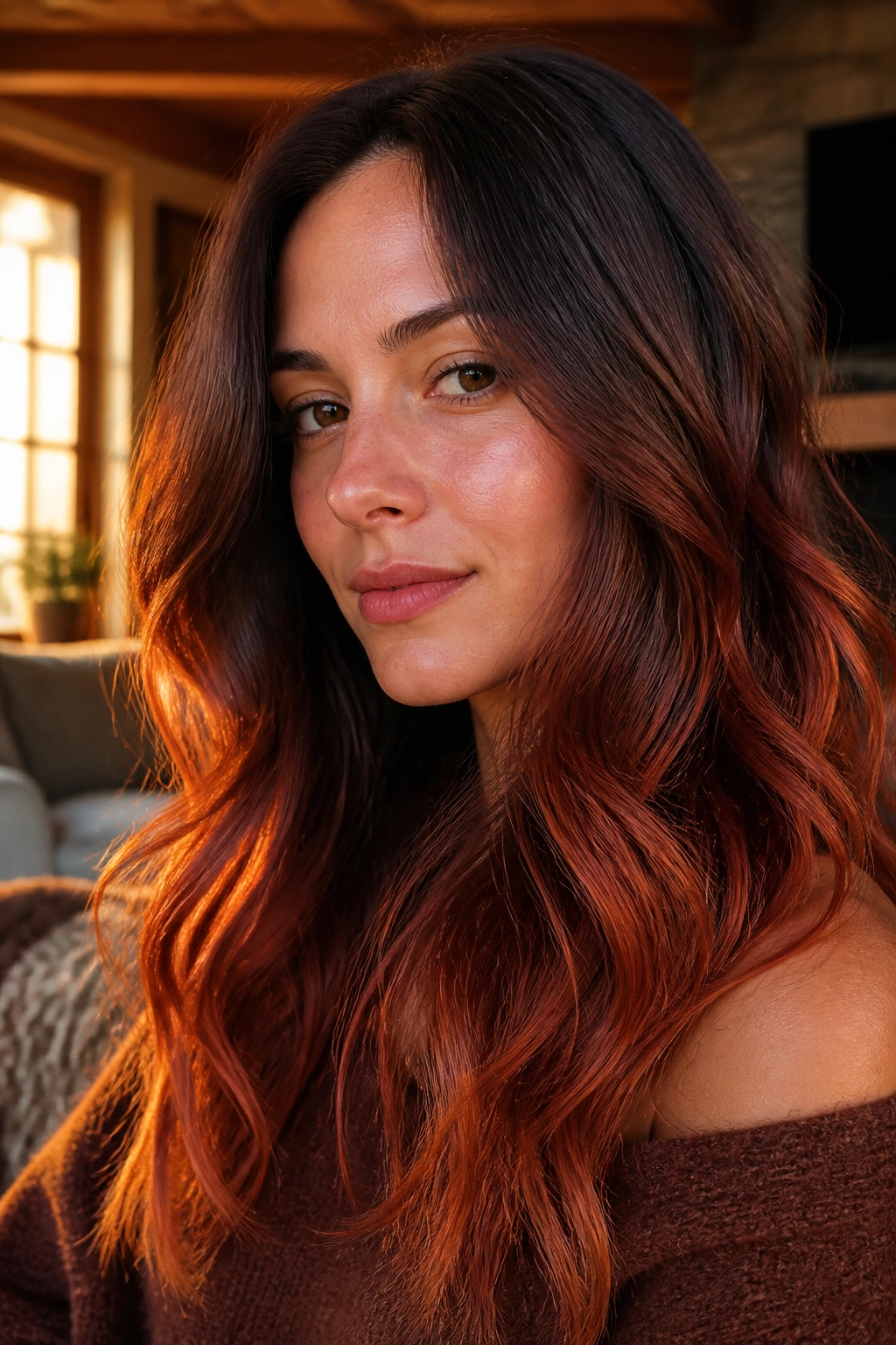 Close-up portrait of a real woman with ember fade balayage on brown hair