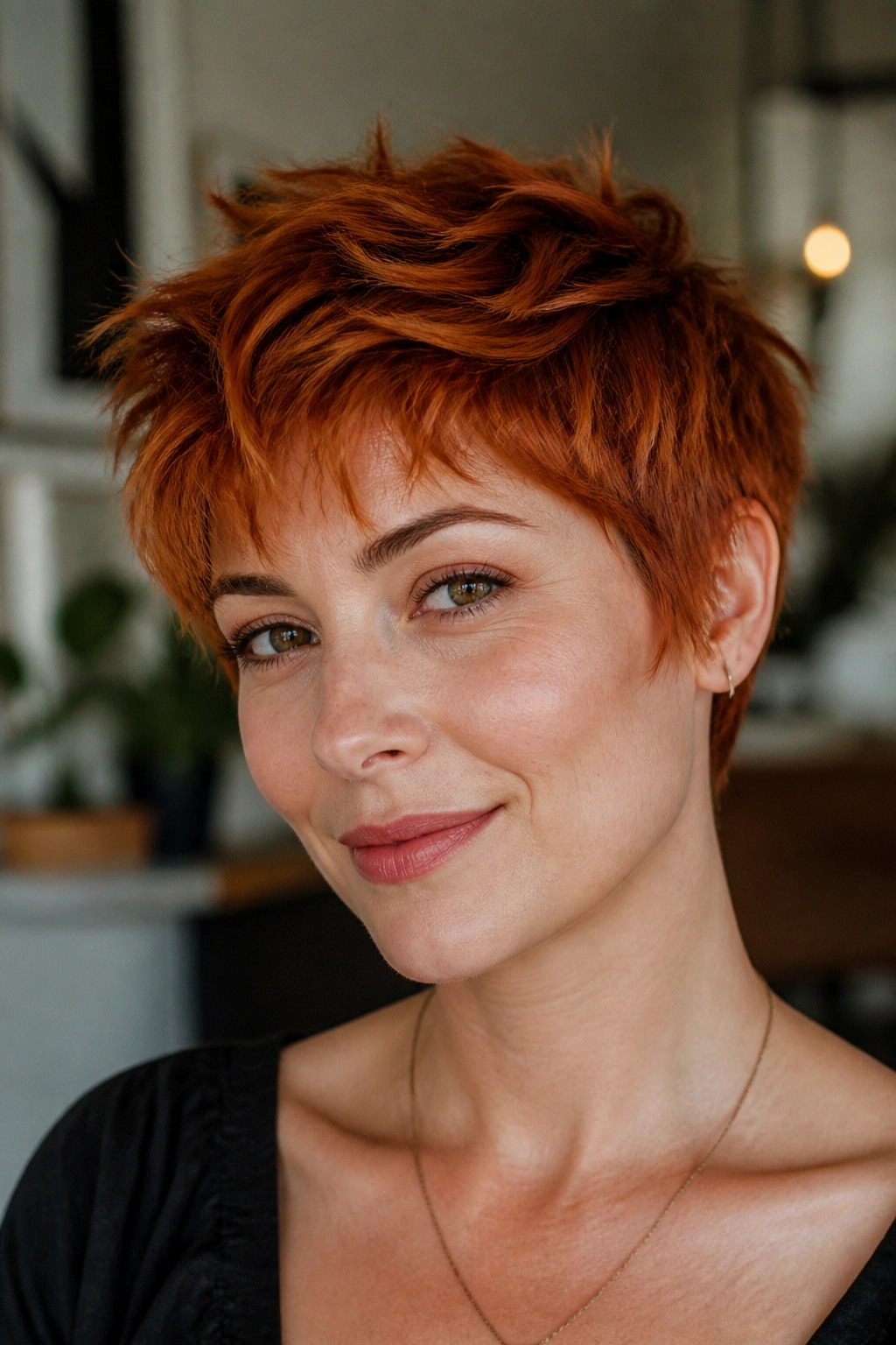 Close-up of a real woman with ember red shaggy pixie and broken-up layers.