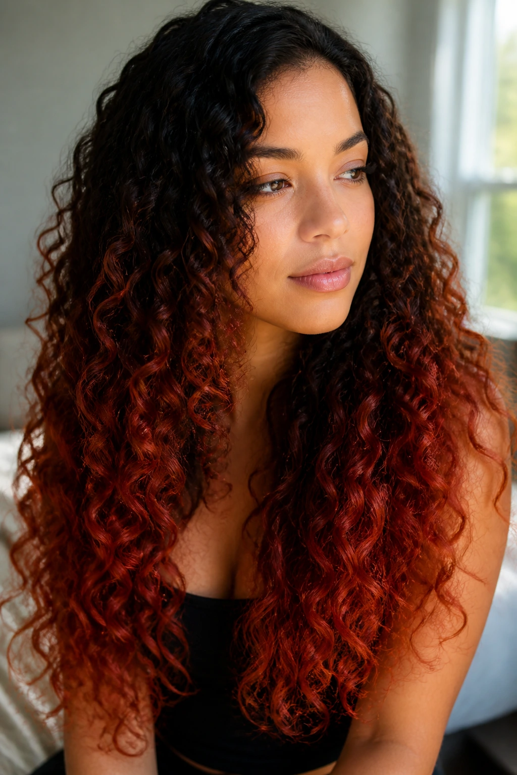 Close-up of long curls with ember red ends