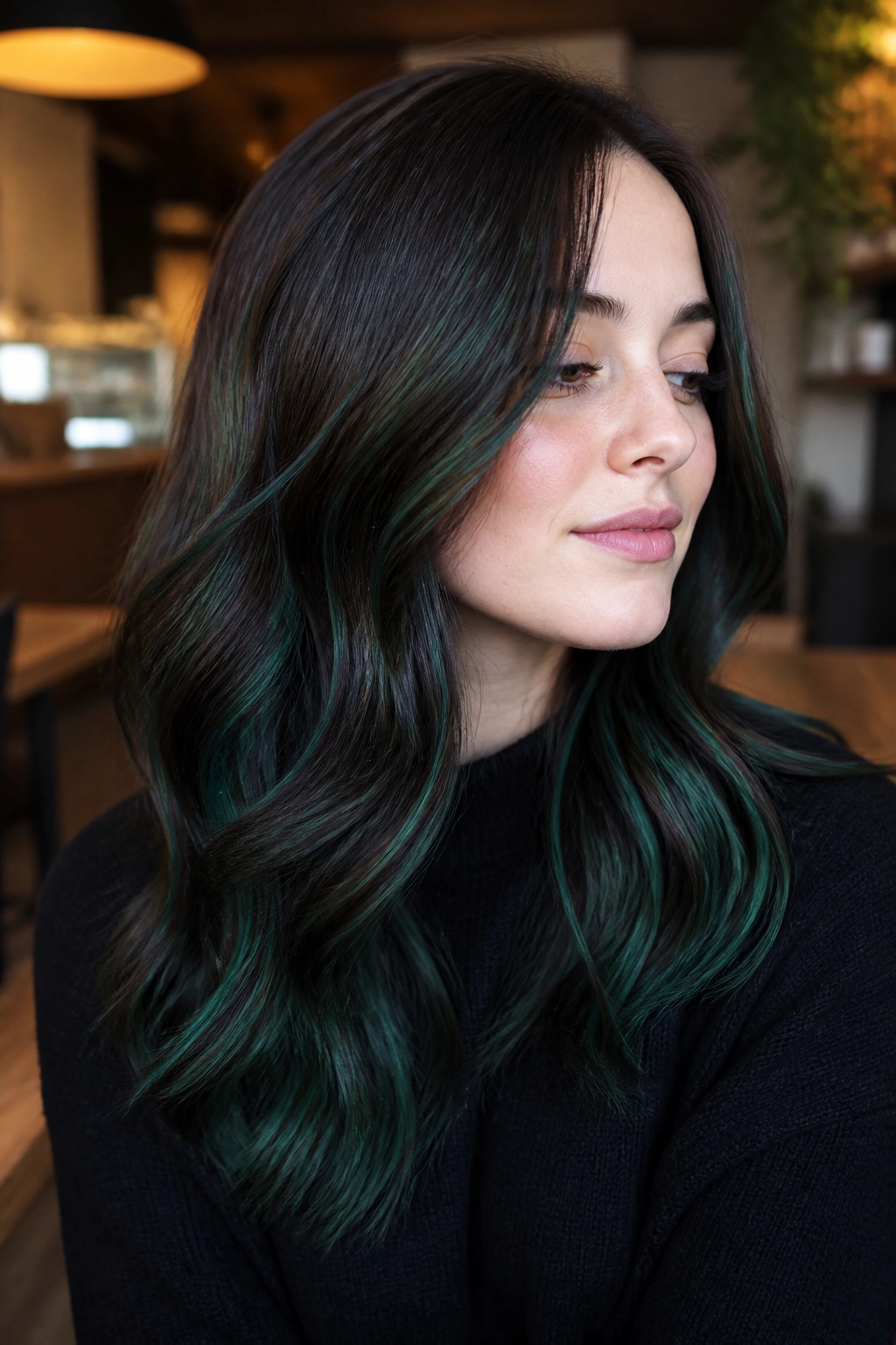 Portrait of a person with emerald balayage ribbons in espresso hair