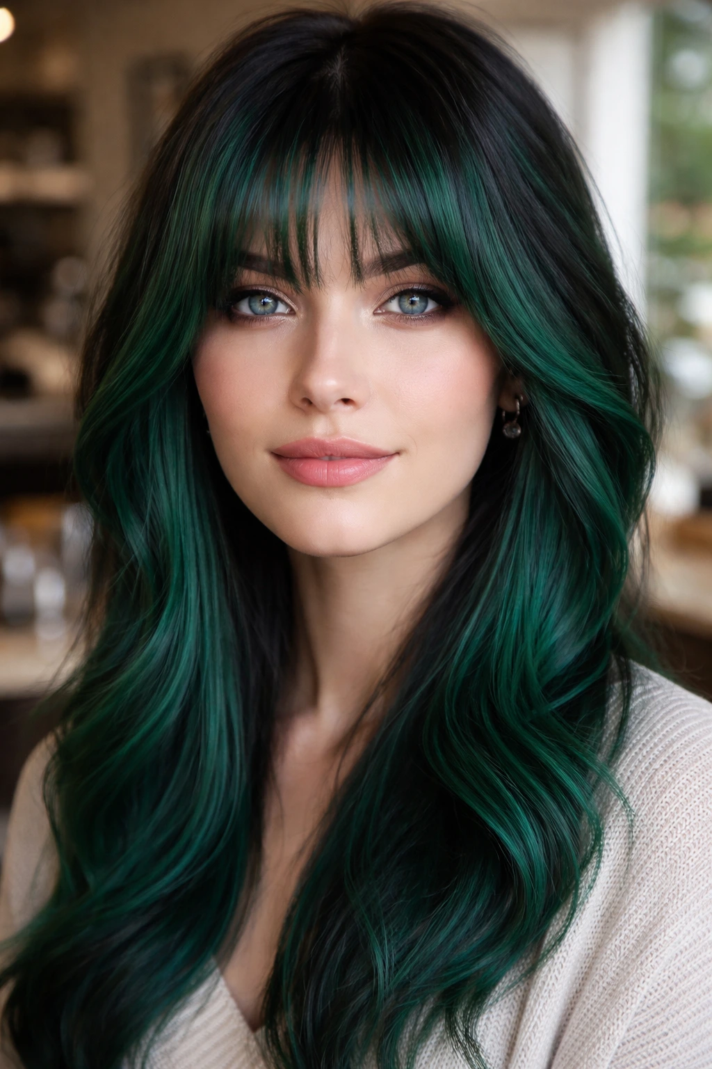 Close-up portrait of a real woman with emerald curtain bangs and face frame in soft salon light